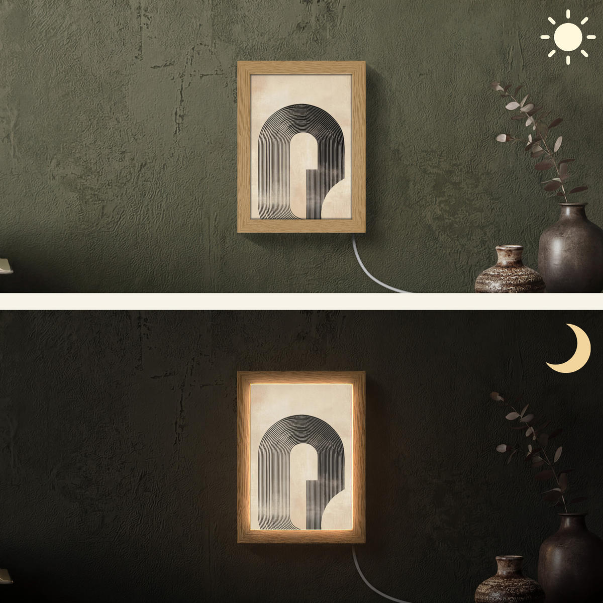 NÁSTĚNNÁ LAMPA Luk - Pruhy - Minimalistický - Černý 15x20 cm - béžová, kompozitní dřevo (15/20/8cm) - OnlyWow