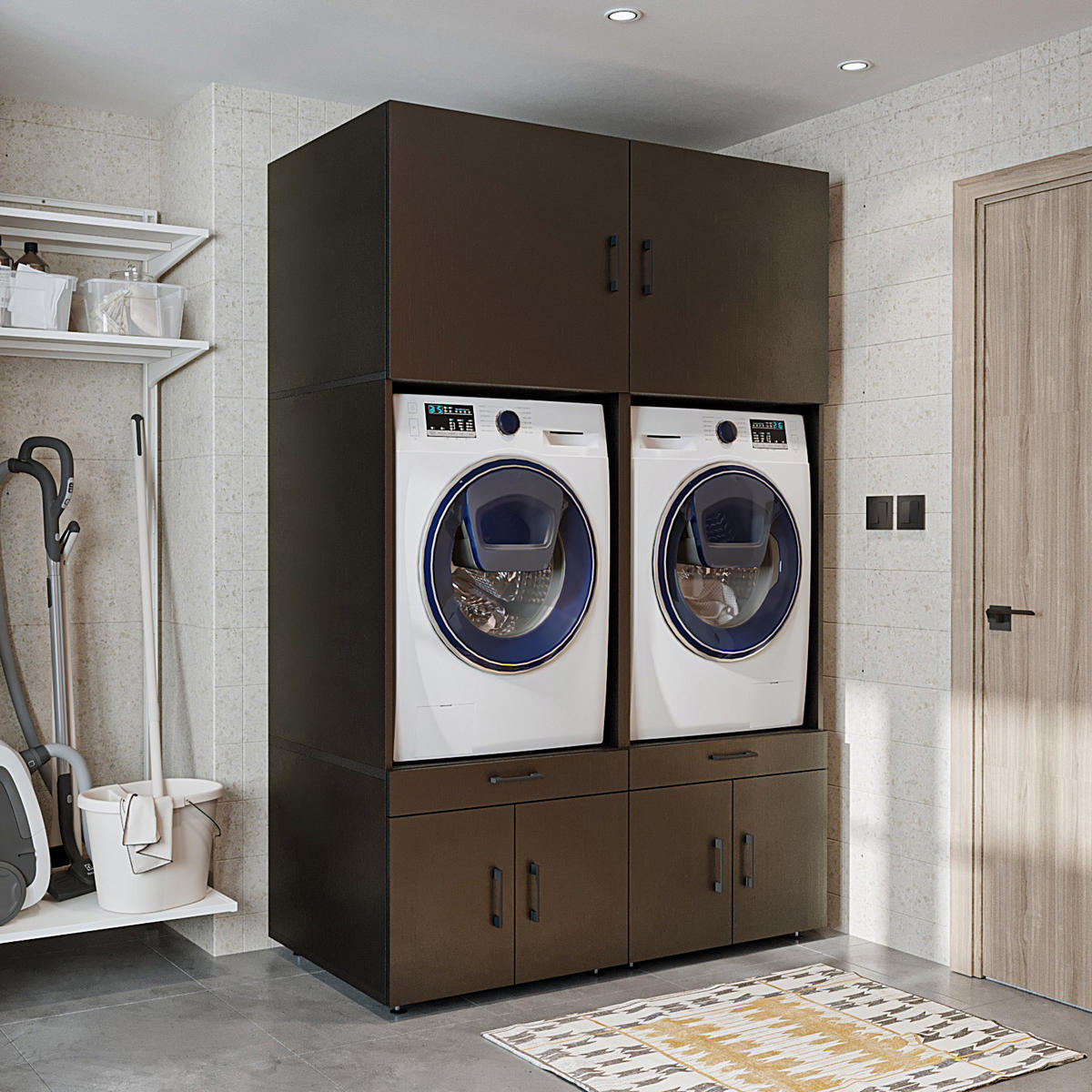 WASCHMASCHINENSCHRANK Serie 3 134cm Breit, 205cm Hoch - Schwarz, Holzwerkstoff (134/205/67cm)