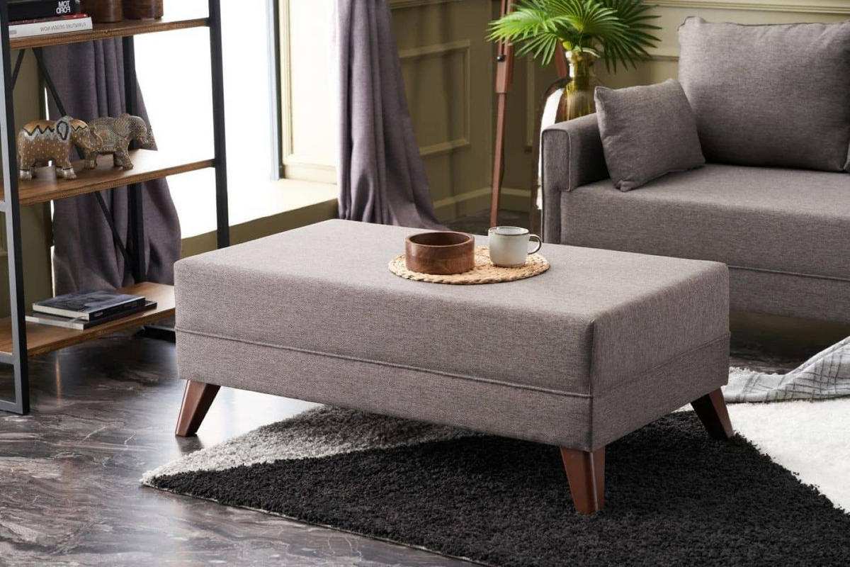 ECKSOFA mit Hocker als Schlaffläche, perfekt für kleine Räume - Taupe/Walnussfarben, Holz/Kunststoff (140/205cm) - myHomelando