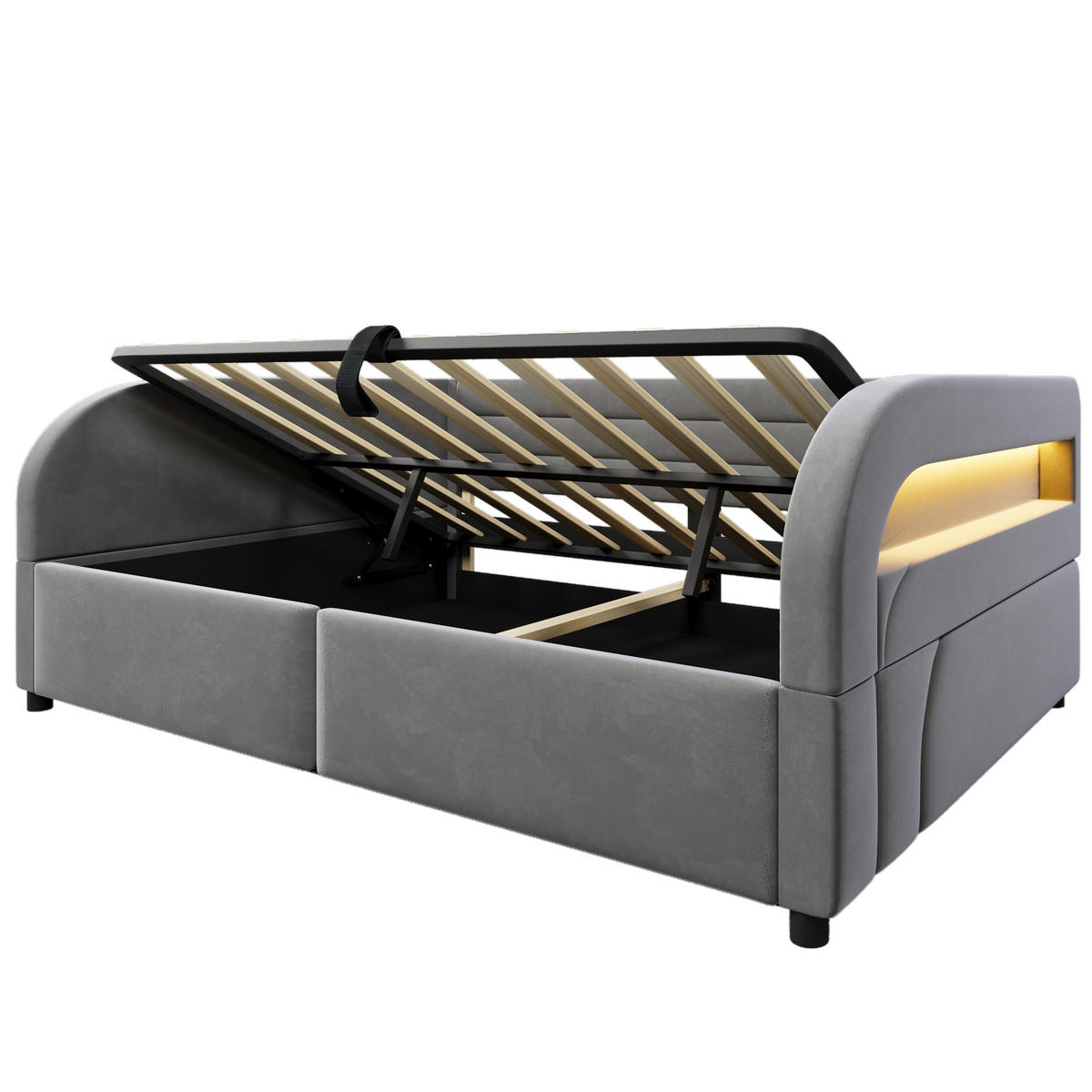 POLSTERBETT 140/200 mit hydraulischem Bettkasten und LED-Beleuchtung in Grau - Grau, Holzwerkstoff/Textil (140/200cm) - EVRYAE