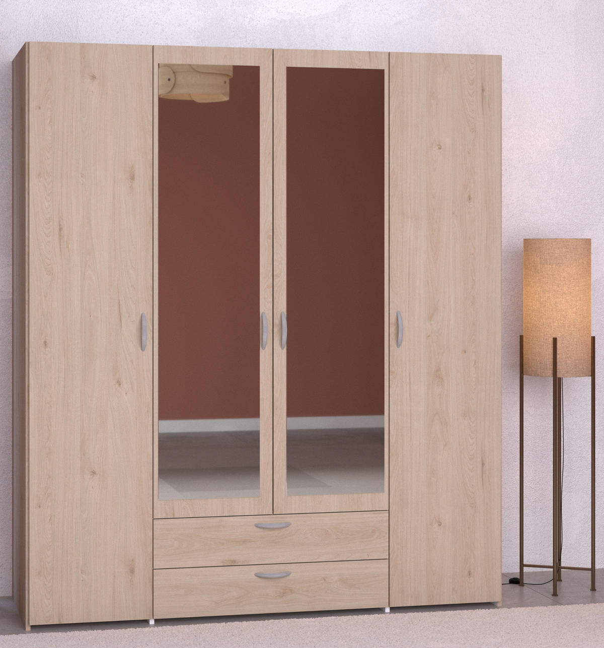 KLEIDERSCHRANK mit Spiegel Eiche 160 cm 4-türig Drehtürenschrank - Eichefarben/Silberfarben, Holzwerkstoff/Kunststoff (160/185/51cm) - Furn.Design