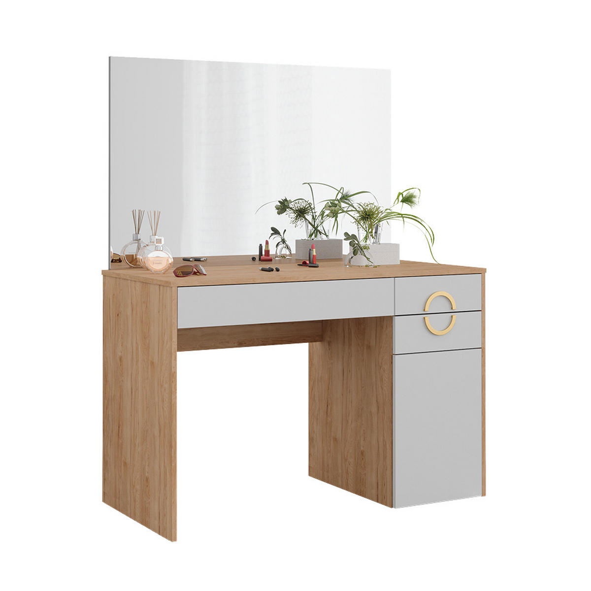 SCHMINKTISCH Adela Natural Rockford Hickory 115 cm mit Spiegel - Trüffeleichefarben/Weiß, Holzwerkstoff (115/76.4/55cm) - Vicco