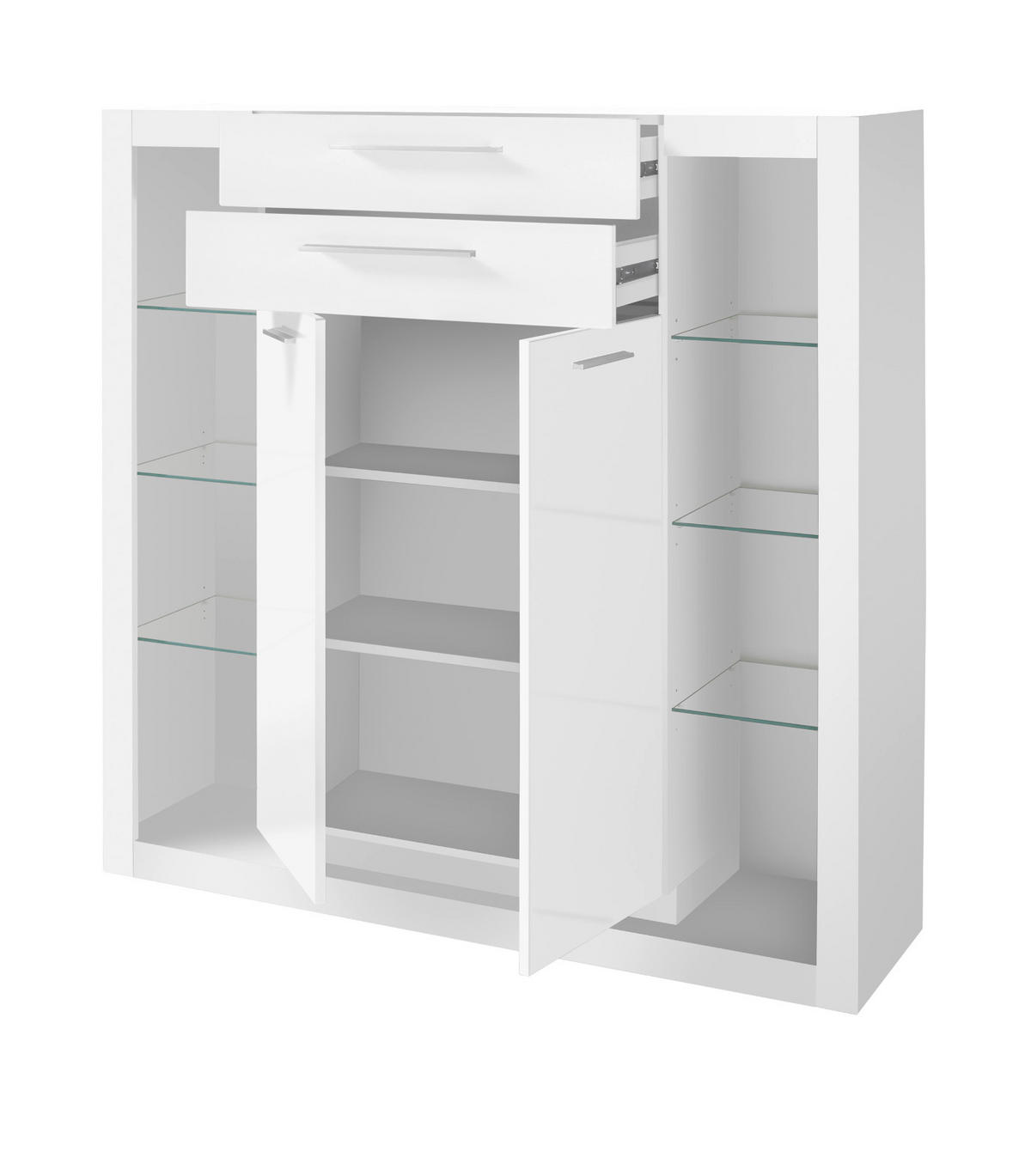 HIGHBOARD weiß Hochglanz 141 cm, Vitrine mit 11 Fächern - Weiß Hochglanz/Silberfarben, Glas/Holzwerkstoff (141/139/37cm) - Furn.Design
