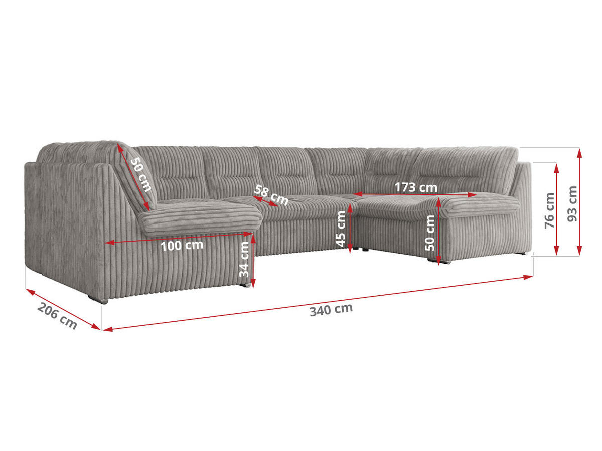 WOHNLANDSCHAFT COMODO U Hellgrau Cord - Silberfarben/Hellgrau, Textil/Metall (340/93/206cm) - MKS