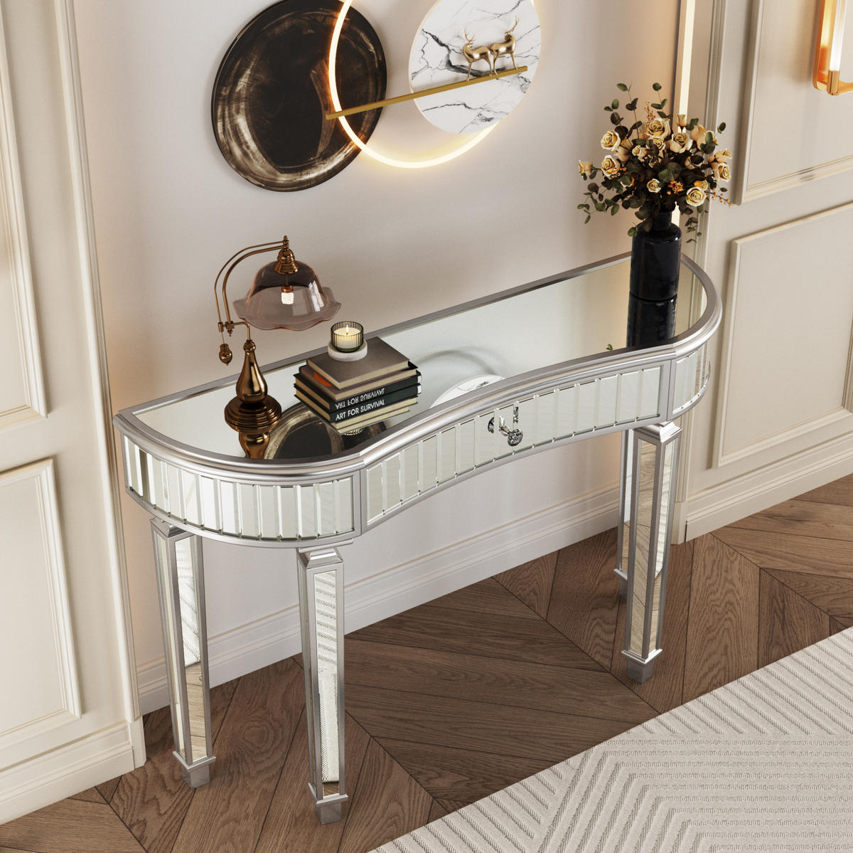KONSOLENTISCH halbrund 120 x 38 x 78 cm Spiegeloptik Grau Silber - Grau, Glas (120/38/78cm) - Meubliv