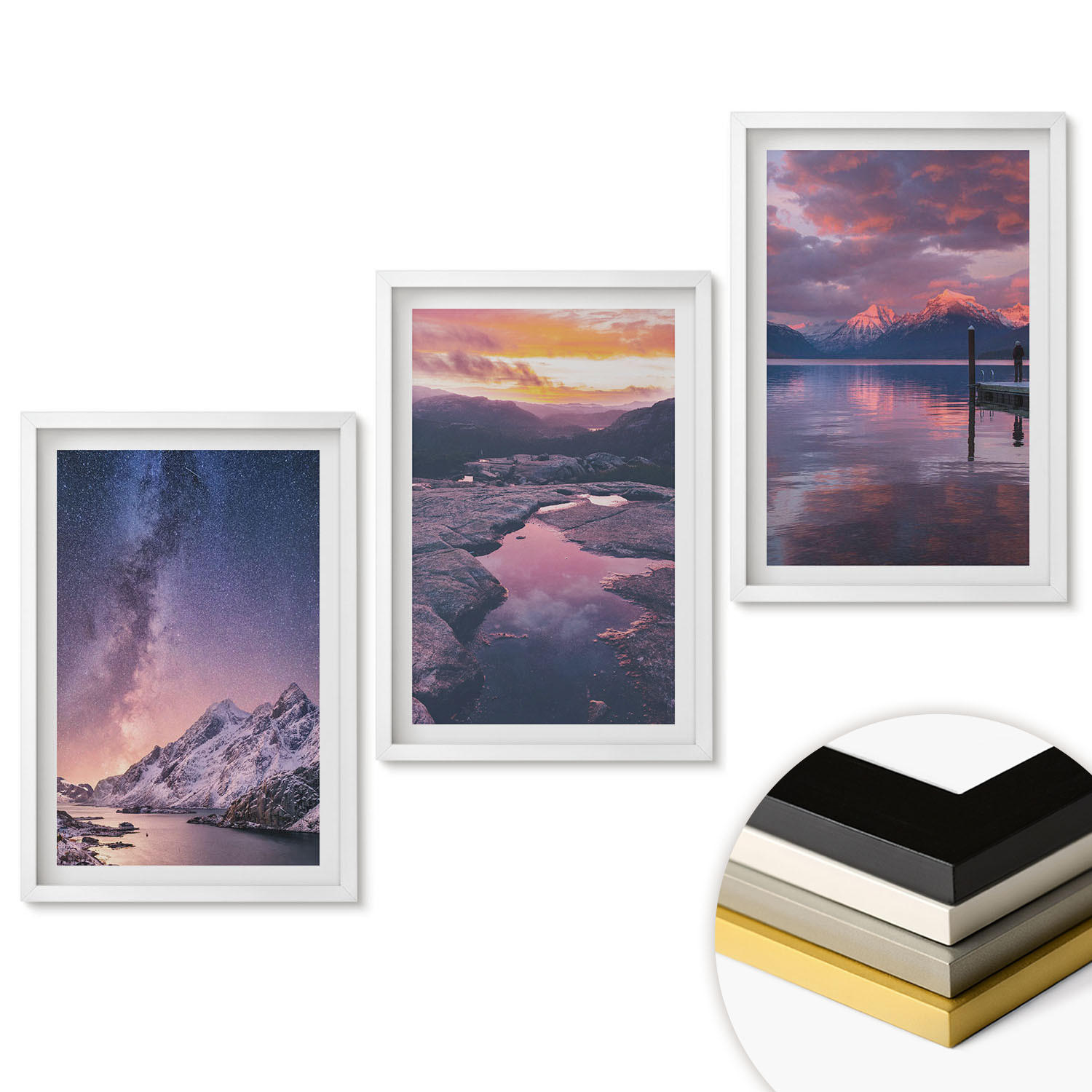 WANDBILDER 3er-Set - 40x60 cm Weißer Rahmen - Berge, Wasser, wunderschöne Landschaften - Weiß, Kunststoff (40/60cm) - ArtPrintCave