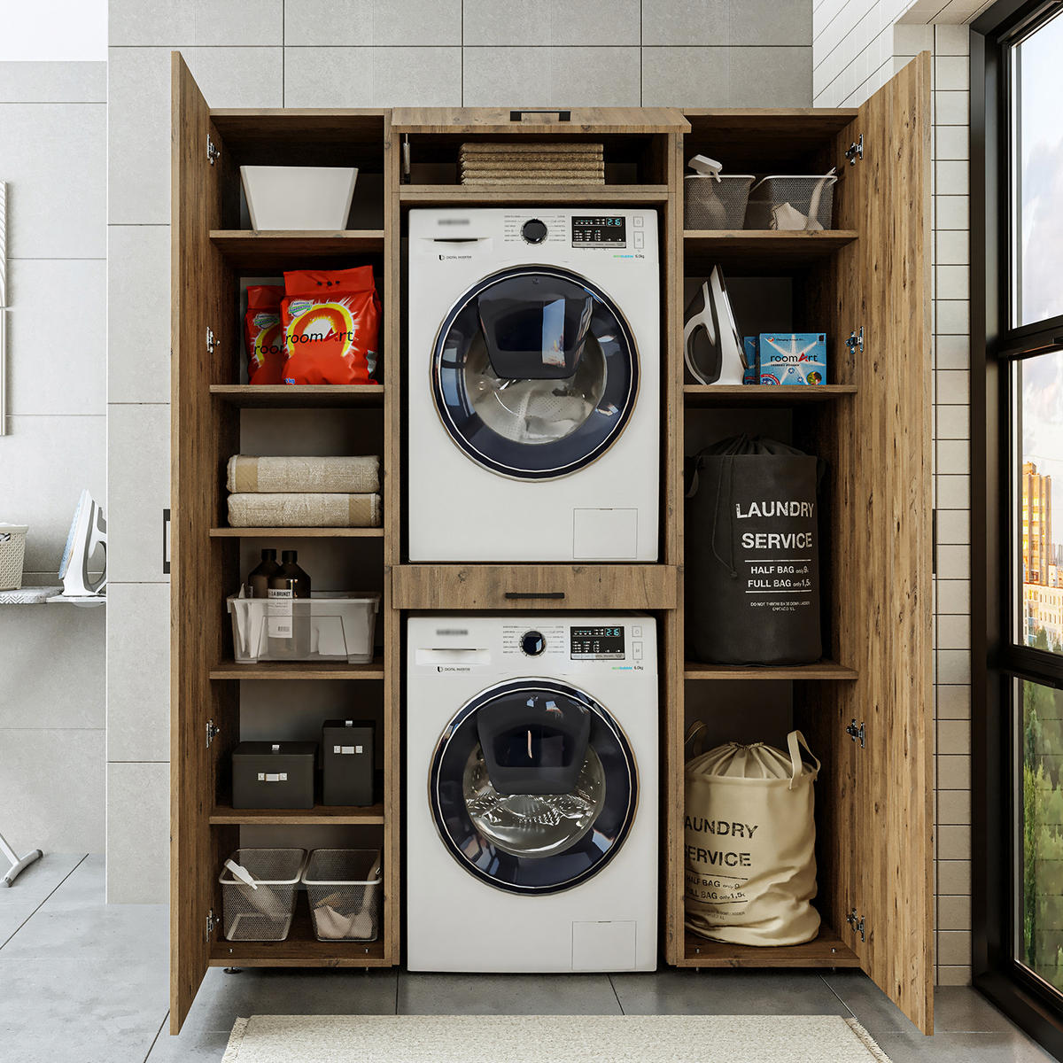 WASCHMASCHINENSCHRANK DUO-I 157cm Breit, 205cm Hoch - Eichefarben, Holzwerkstoff (157/205/67cm)