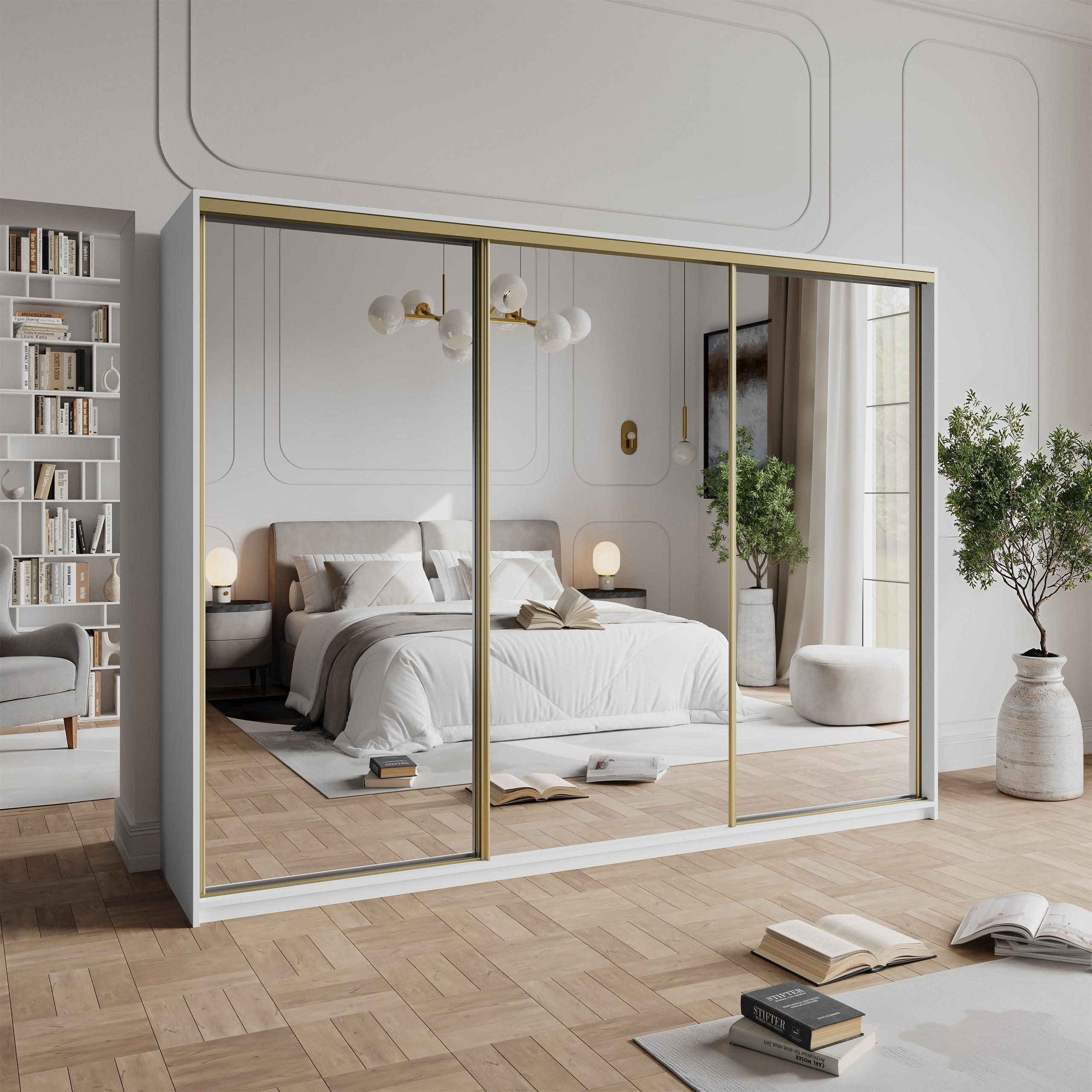 SCHWEBETÜRENSCHRANK RIEN 250/205/60 cm 3-türig mit Spiegel und Schubladen Weiß - Goldfarben/Weiß, Holzwerkstoff (250/205/60cm) - MASSENO