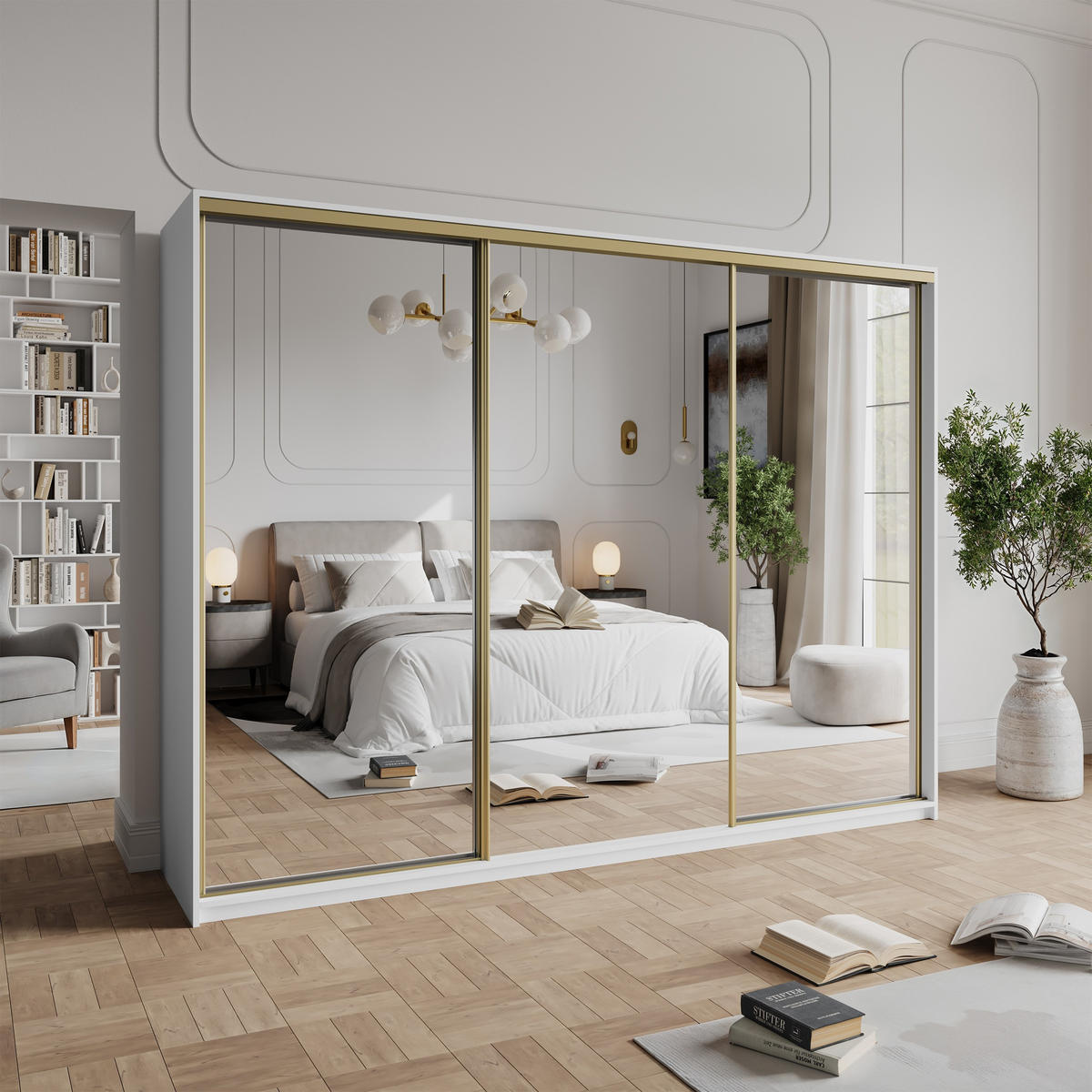 SCHWEBETÜRENSCHRANK RIEN 270/205/60 cm 3-türig mit Spiegel Weiß - Weiß, Holzwerkstoff (270/205/60cm) - MASSENO