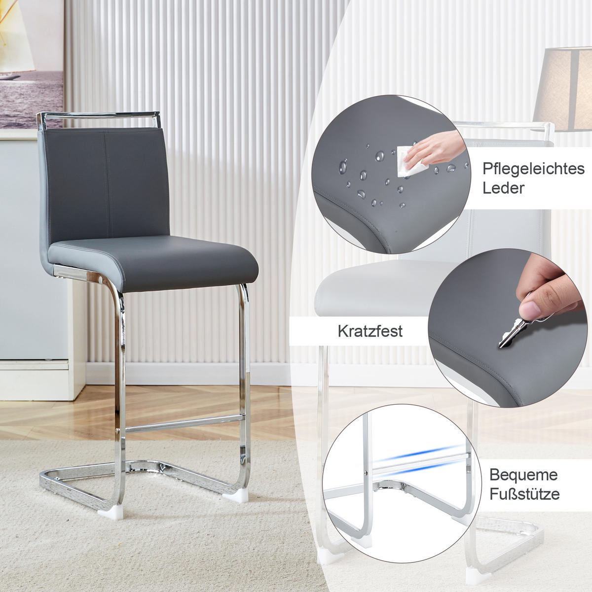 BARHOCKER 2er-Set Dunkelgrau mit PU-Bezug und Metallgestell - Dunkelgrau, Metall (46.5/96.5/38.9cm) - MIVRAY