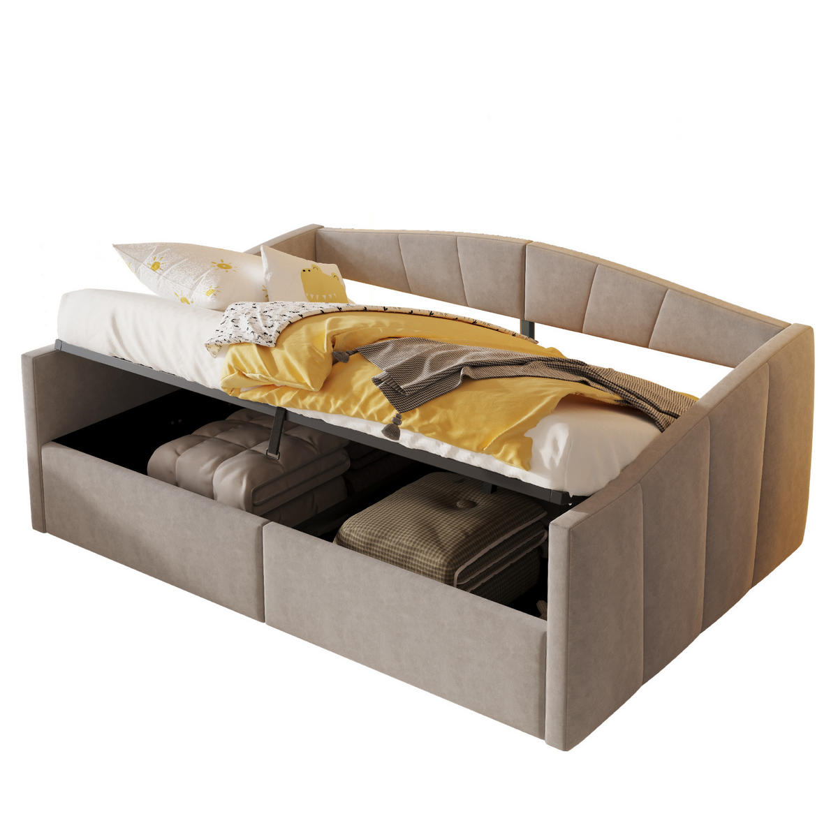 POLSTERBETT Schlafsofa 140/200 cm mit hydraulischem Bettkasten, Lattenrost, Armlehnen und Samtbezug, Hellgrau - Hellgrau, Leder (140/200cm) - Redom