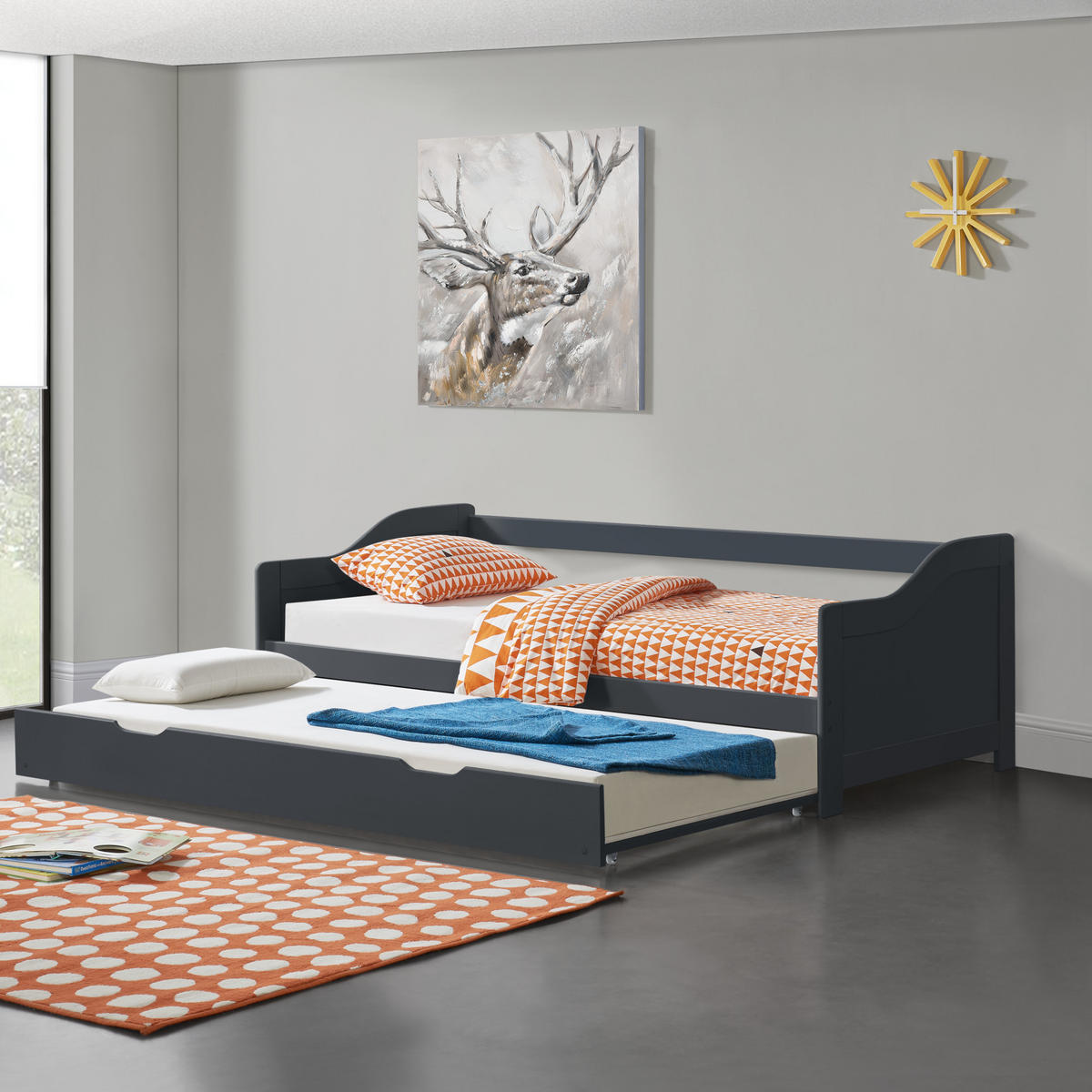 SOFABETT - Dunkelgrau, Holz (90/200cm) - [en.casa]