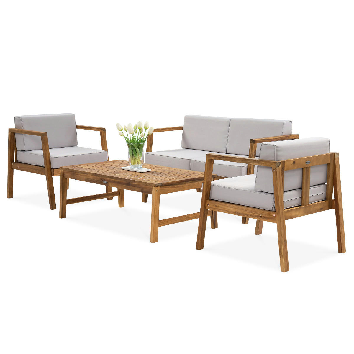 GARTENSET Viken aus Akazienholz, 2-Sitzer Sofa + 2 Sessel + Couchtisch, Hellgrau - Hellgrau, Holz - Beautysofa