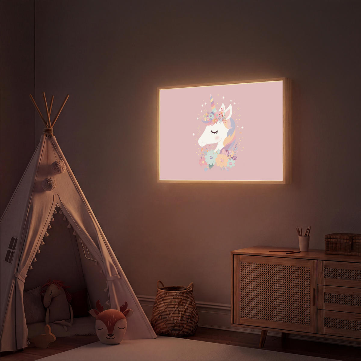 DOBÍJECÍ NOČNÍ LAMPIČKA Jednorožec - růžová - květiny 100x70 cm - růžová, kompozitní dřevo (8/100/70cm) - OnlyWow