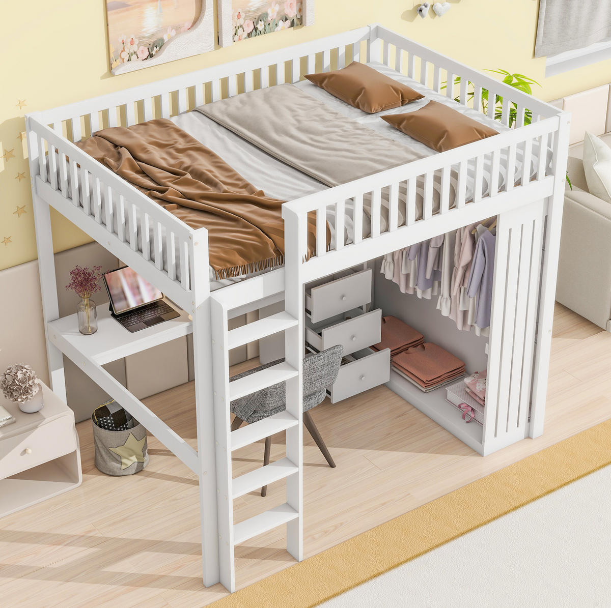 HOCHBETT 140/200 cm in Weiß – mit Schreibtisch, Kleiderschrank und Treppe - Weiß, Holz (140/200cm) - BEAOK