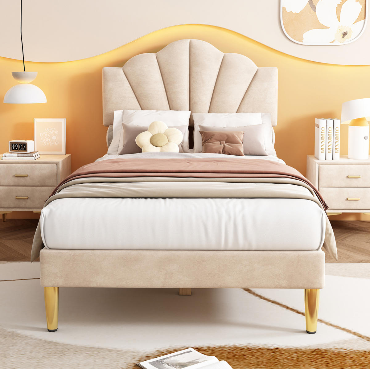 POLSTERBETT 90/200 cm in Beige mit Muschel-Kopfteil & höhenverstellbarer Lehne - Beige, Textil (90/200cm) - BEAOK