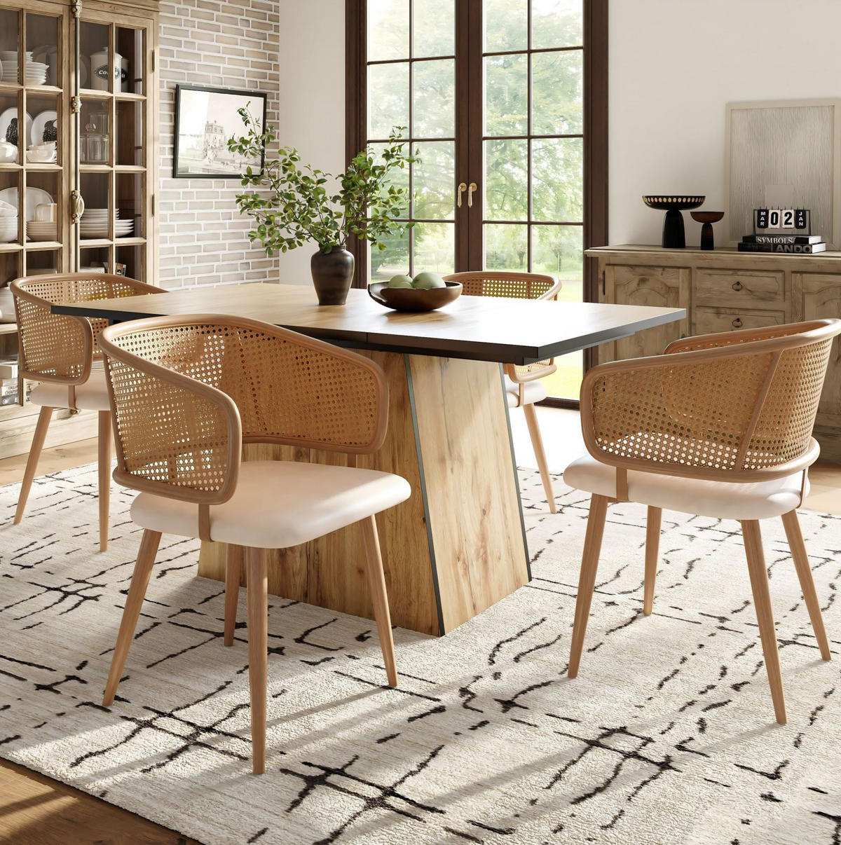 ESSZIMMERSTUHL mit Rattan-Rückenlehne ca. 47 x 51 x 79 cm Beige/Braun 4er-Set - Beige, Holz (51/79/47.1cm) - Meubliv