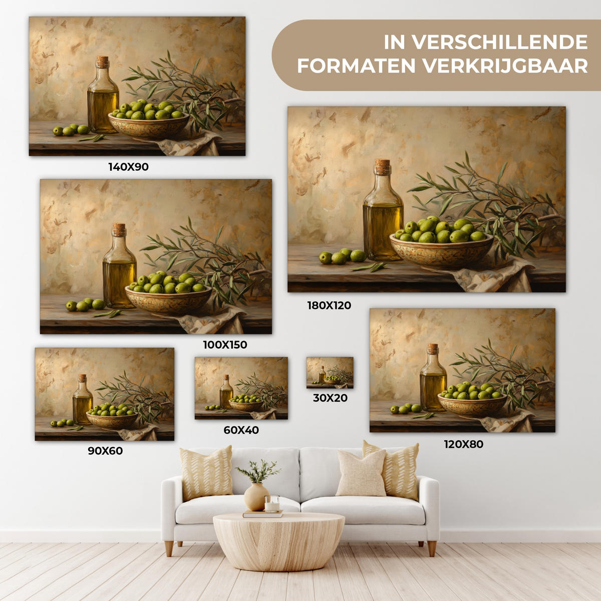 LEINWANDBILD Oliven - Stilleben - Vintage Wohnzimmer Groß 120x80 cm - Olivgrün, Textil (120/80cm) - MuchoWow