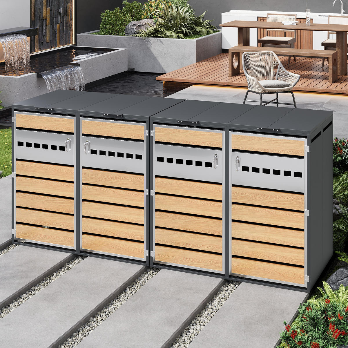 MÜLLTONNENBOX 4 Türen Holzoptik abschließbar Klappdeckel - Multicolor, Metall (160/236/264cm) - FLIEKS