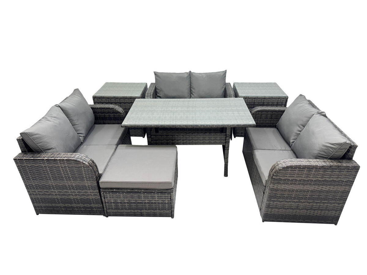 SITZGRUPPE mit Esstisch,Zweisitzer,Beistelltischen,2 Hockern Polyrattan 7-Sitzer - Dunkelgrau/Grau, Glas/Kunststoff - Fimous