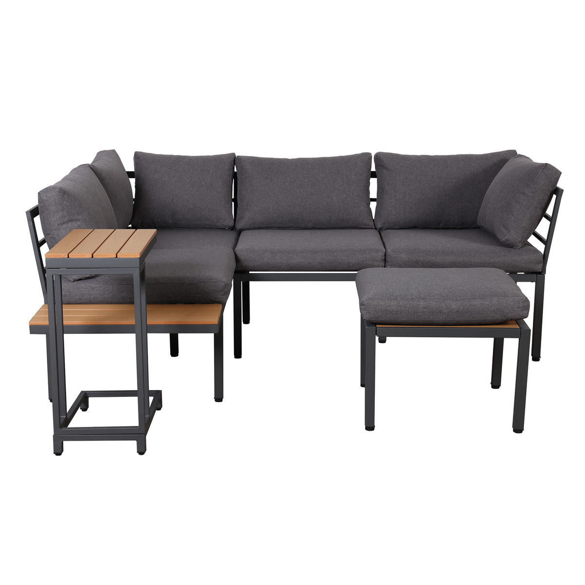 GARTENMÖBEL Set mit Sofa Beistelltisch Couchtisch als Fußhocker nutzbar aus Stahlrohr Kunststoffholz für Balkon Grau - Grau, Metall - FLIEKS