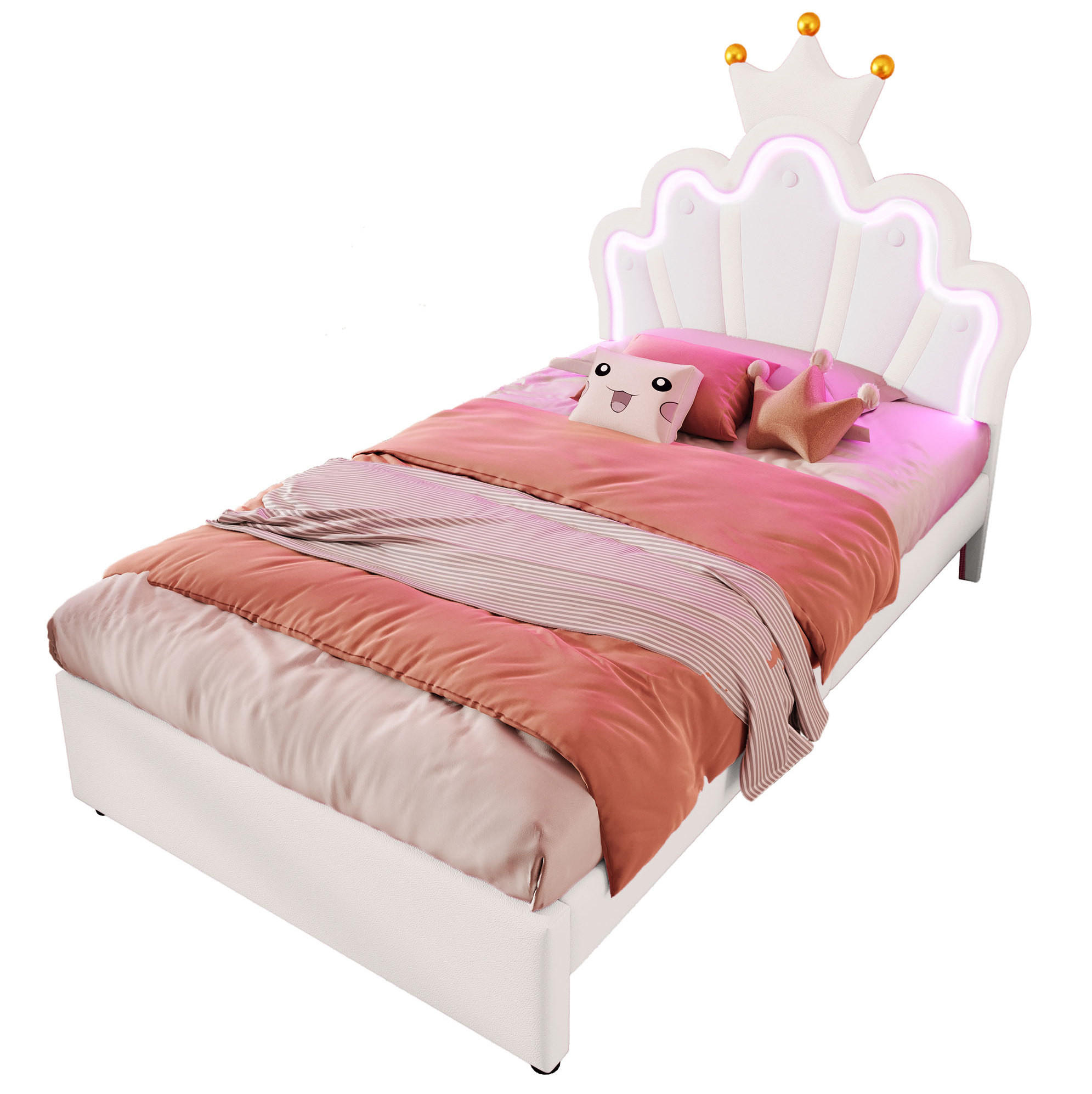OKWISH POSTEL 90/200 cm bílá z PU a MDF s nastavitelným čelem, LED osvětlením a 2 zásuvkami
