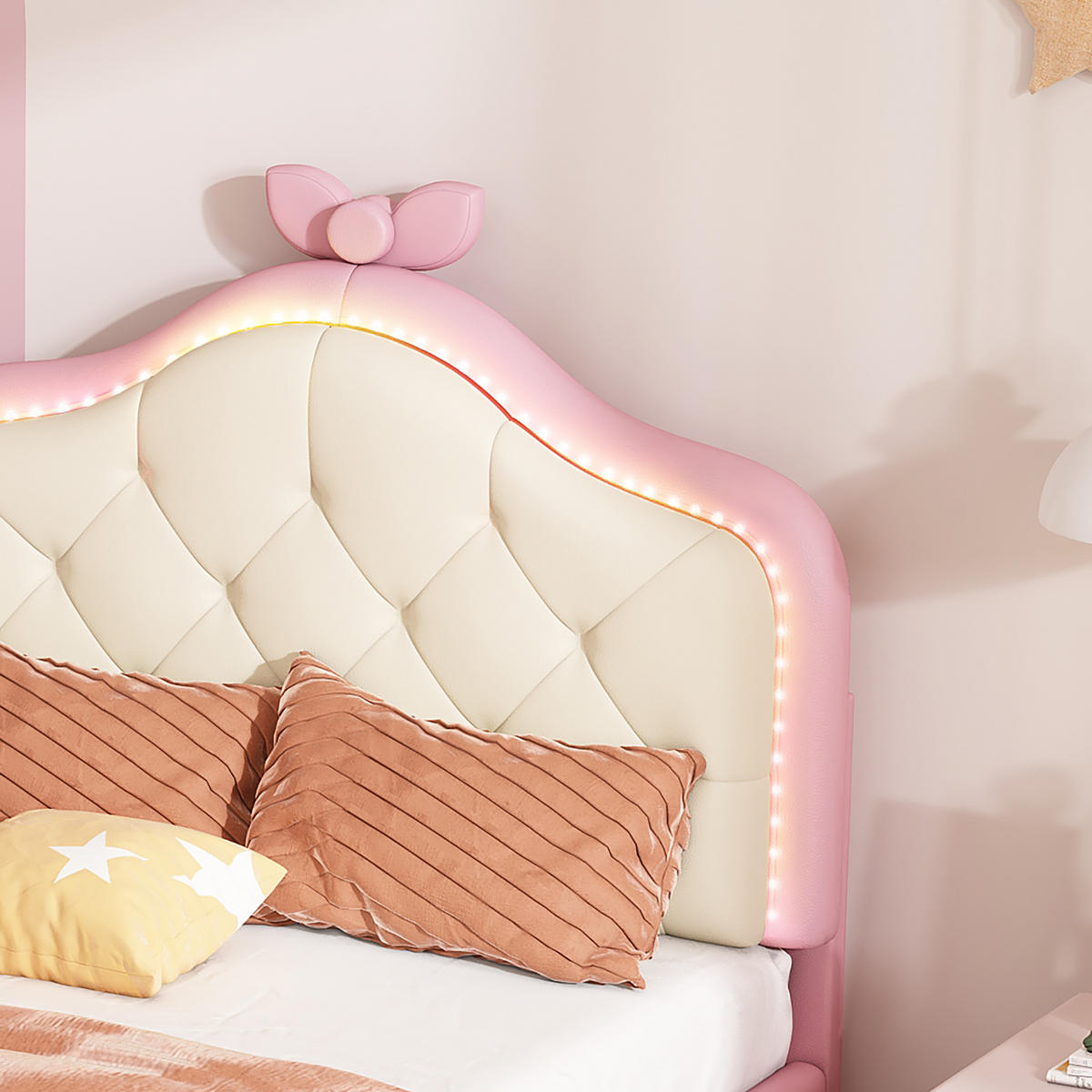 POLSTERBETT 90/200 cm Rosa, mit wellenförmigem Kopfteil, Schleifen-Design, LED-Licht und PU-Bezug - Pink/Weiß, Textil