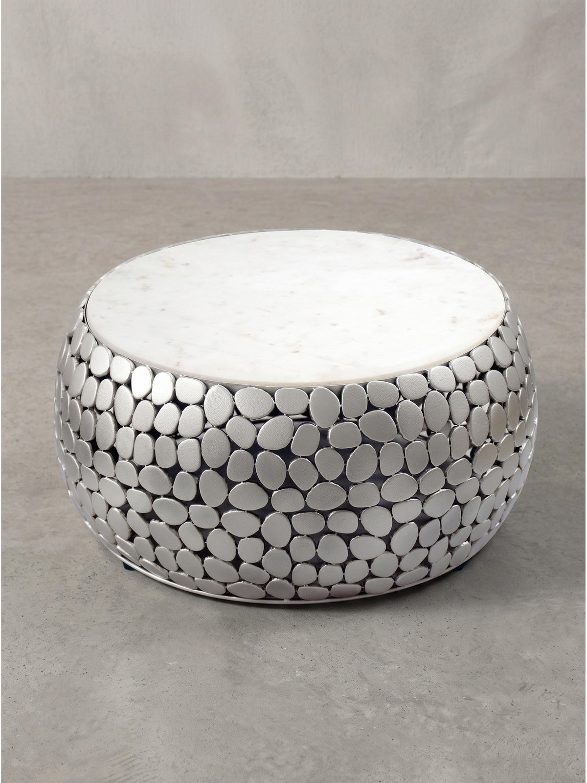 COUCHTISCH DIEMEL, Marmor, handgefertigt, Silber-Weiß, Ø 66 x 32 cm - Silberfarben, Stein/Metall (66/66/32cm) - KADIMA DESIGN