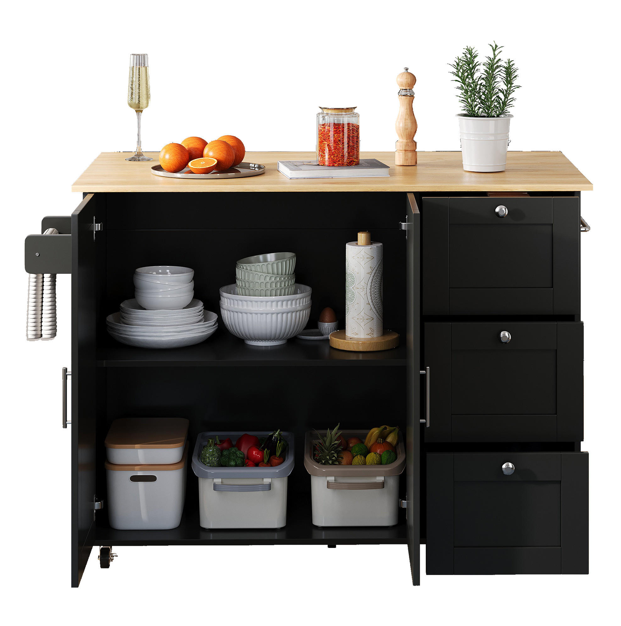 KÜCHENWAGEN 135/44(70)/90 cm in Schwarz/Natur mit Klappplatte und 3 Schubladen - Schwarz, Holzwerkstoff (135/90/44cm) - Flora Grace