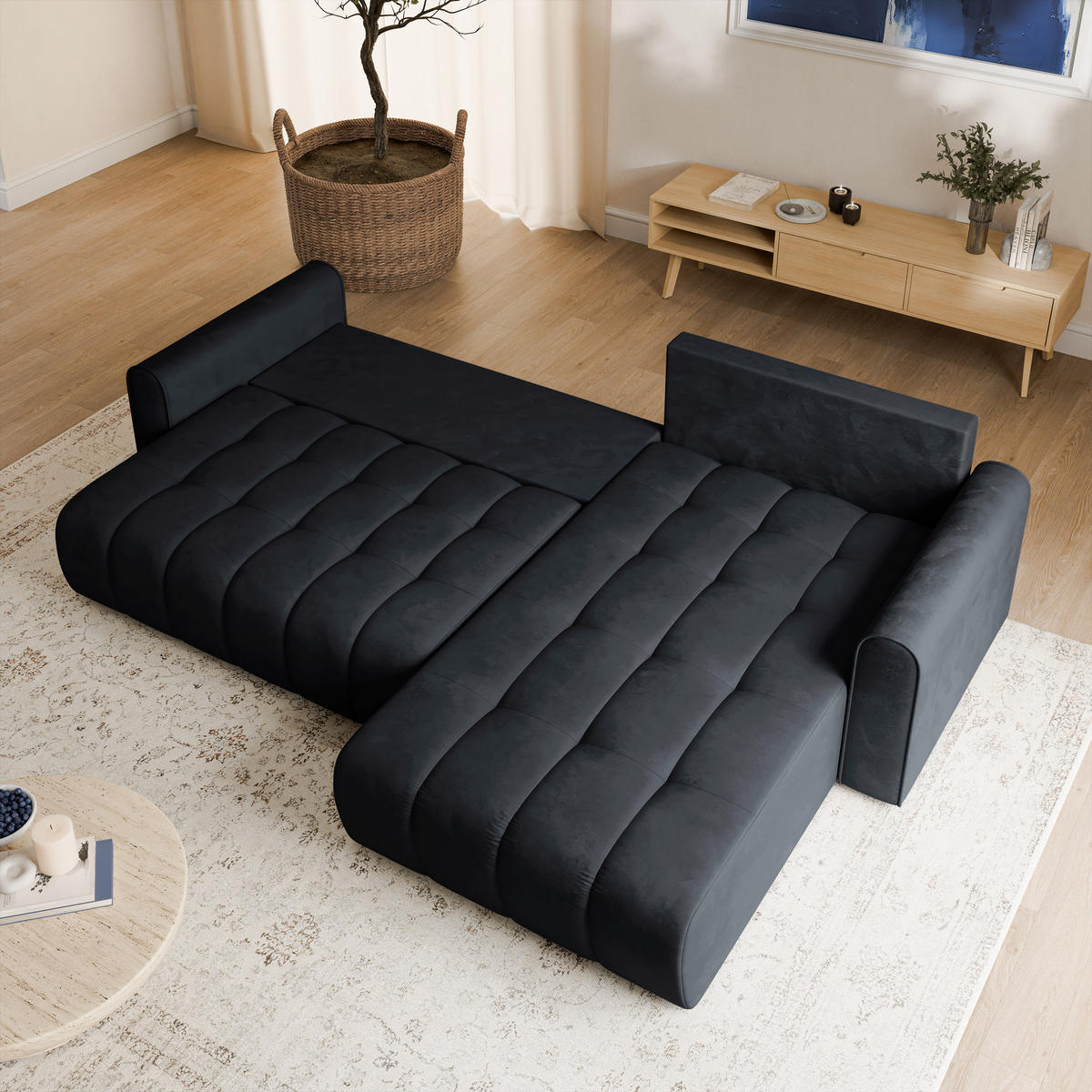 ECKSOFA FRIGA Schwarz Velours-Stoff mit Schlaffunktion - Schwarz, Holz (283/185cm) - MASSENO