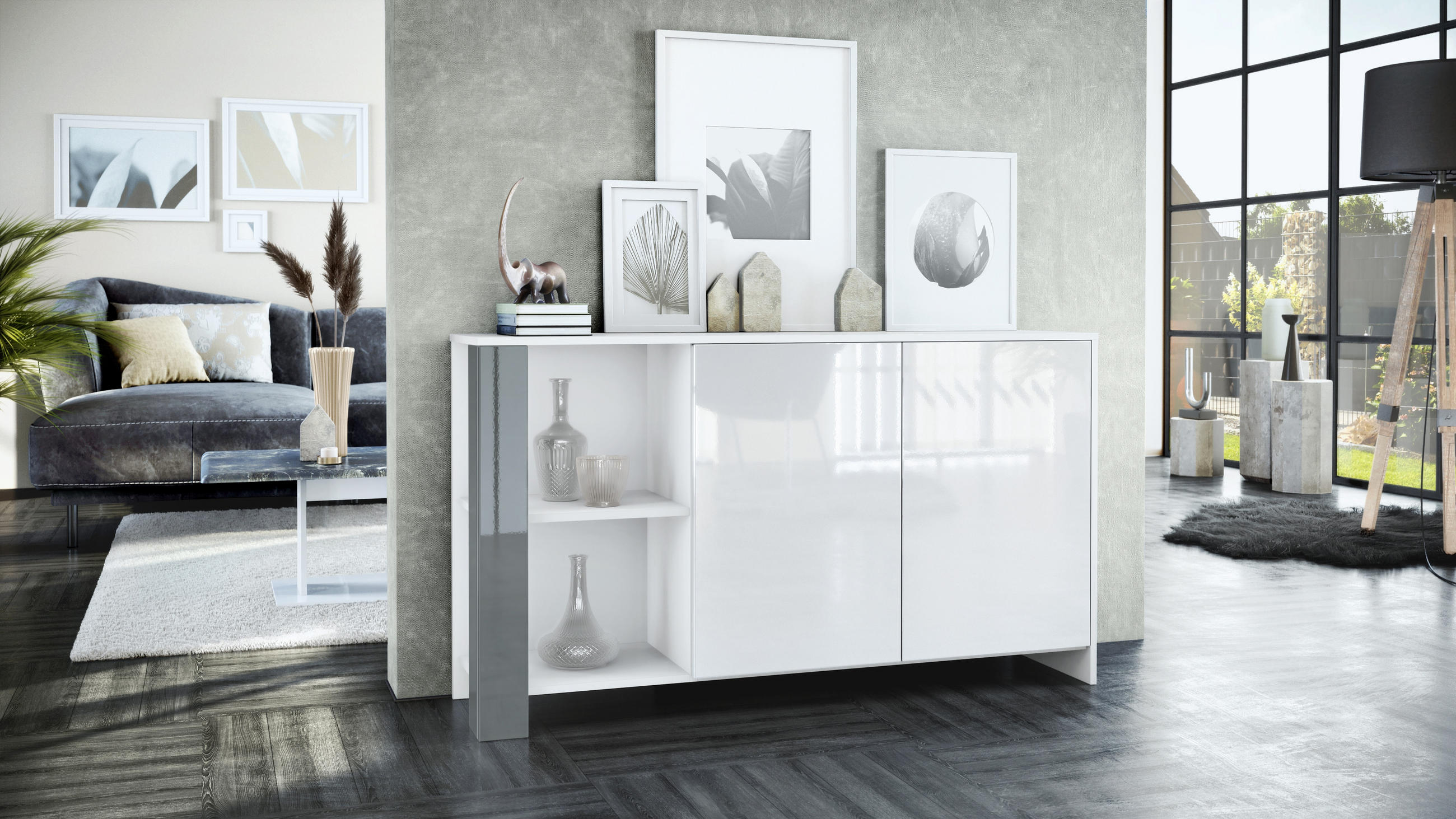 SIDEBOARD Canto Grau Hochglanz - Grau, Holzwerkstoff (143/81/36cm) - Vladon