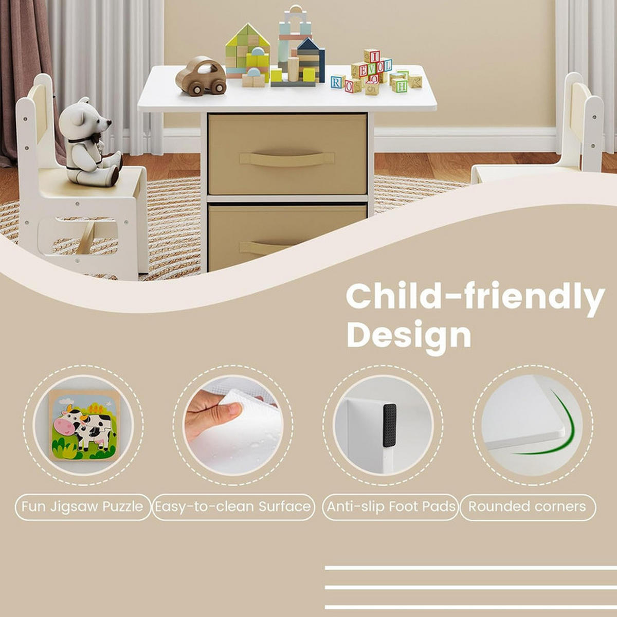 KINDERTISCHE mit Stühlen beige(3-tlg) - Beige, Holzwerkstoff (71/50/48cm) - COSTWAY