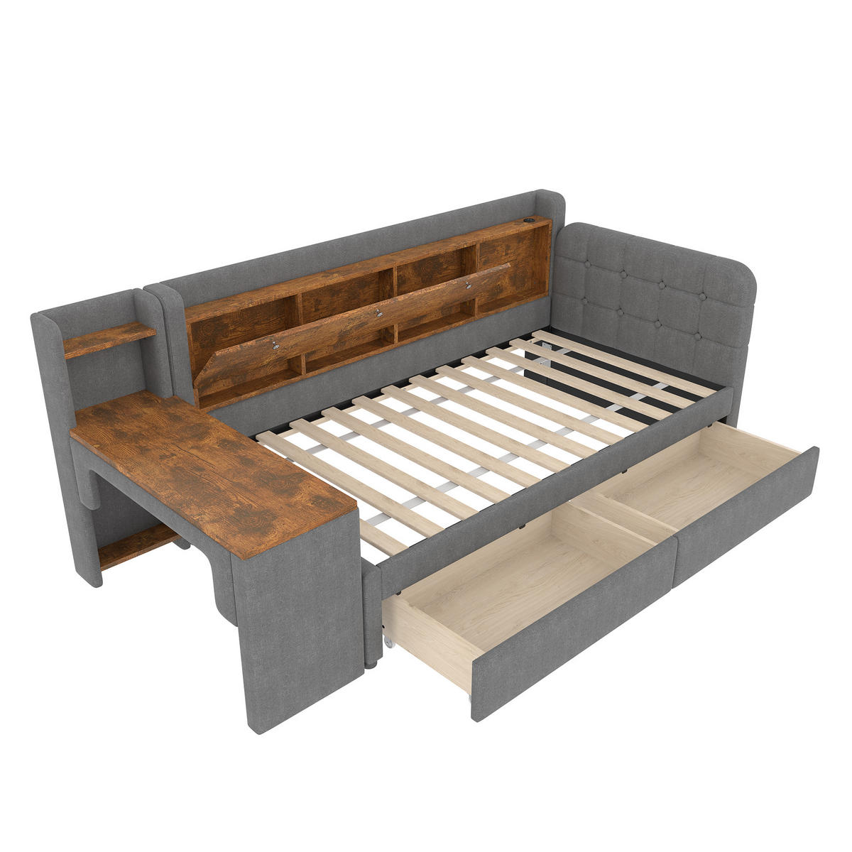 TAGEBETT 90x200cm Grau Leinen 2 Schubladen Schreibtisch USB-C - Grau, Holz (90/200cm) - FLIEKS