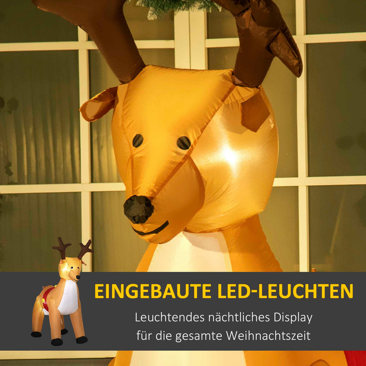 AUFBLASBARES Weihnachts-Rentier 180 cm aufblasbare Weihnachtsdeko mit LED - Gelb, Textil (80/180/155cm) - HOMCOM