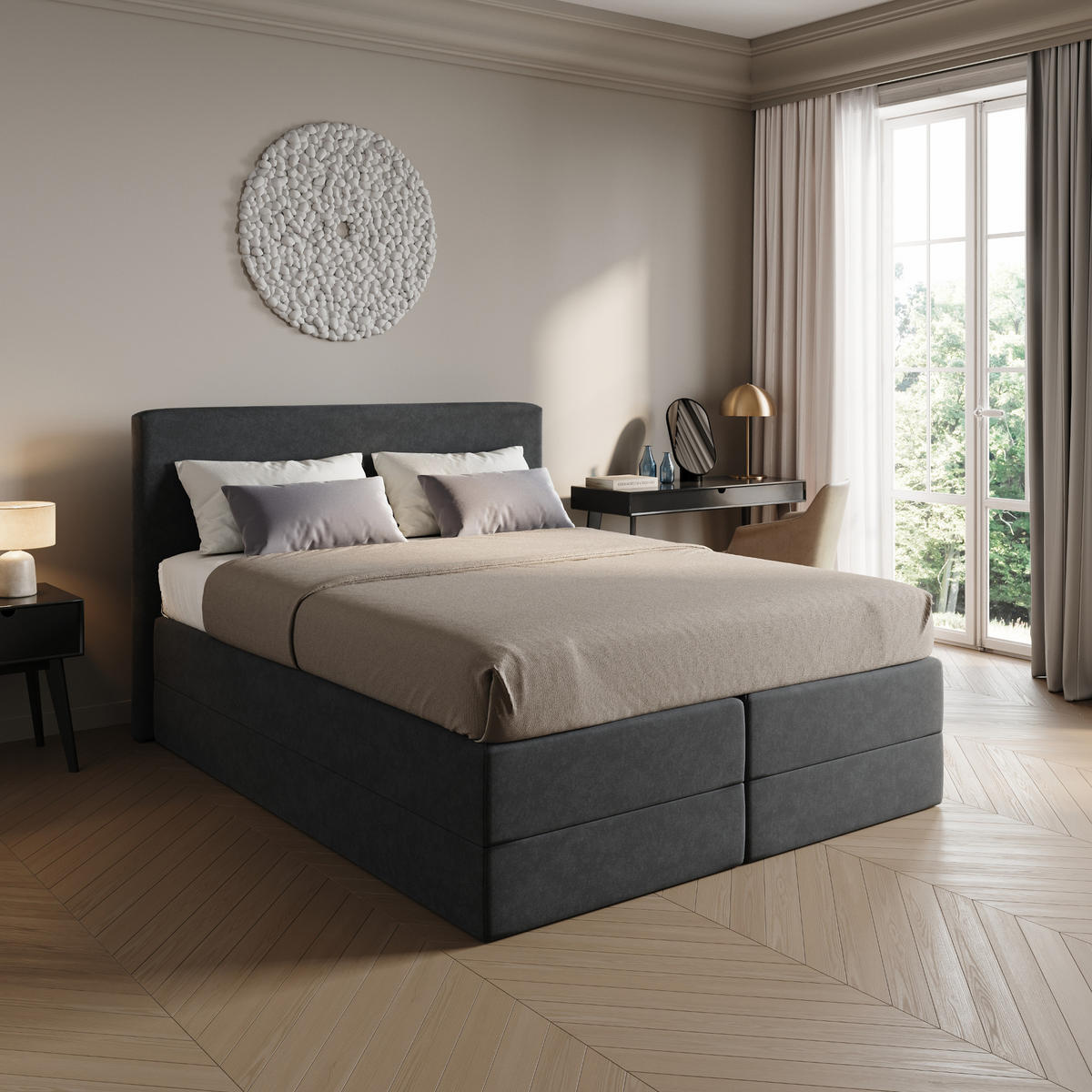 BOXSPRINGBETT mit Bonnell Matratze, mit Kopfteil, 180 x 200 cm, in Dunkelgrau - Anthrazit, Naturmaterialen (180/200cm) - Home Collective