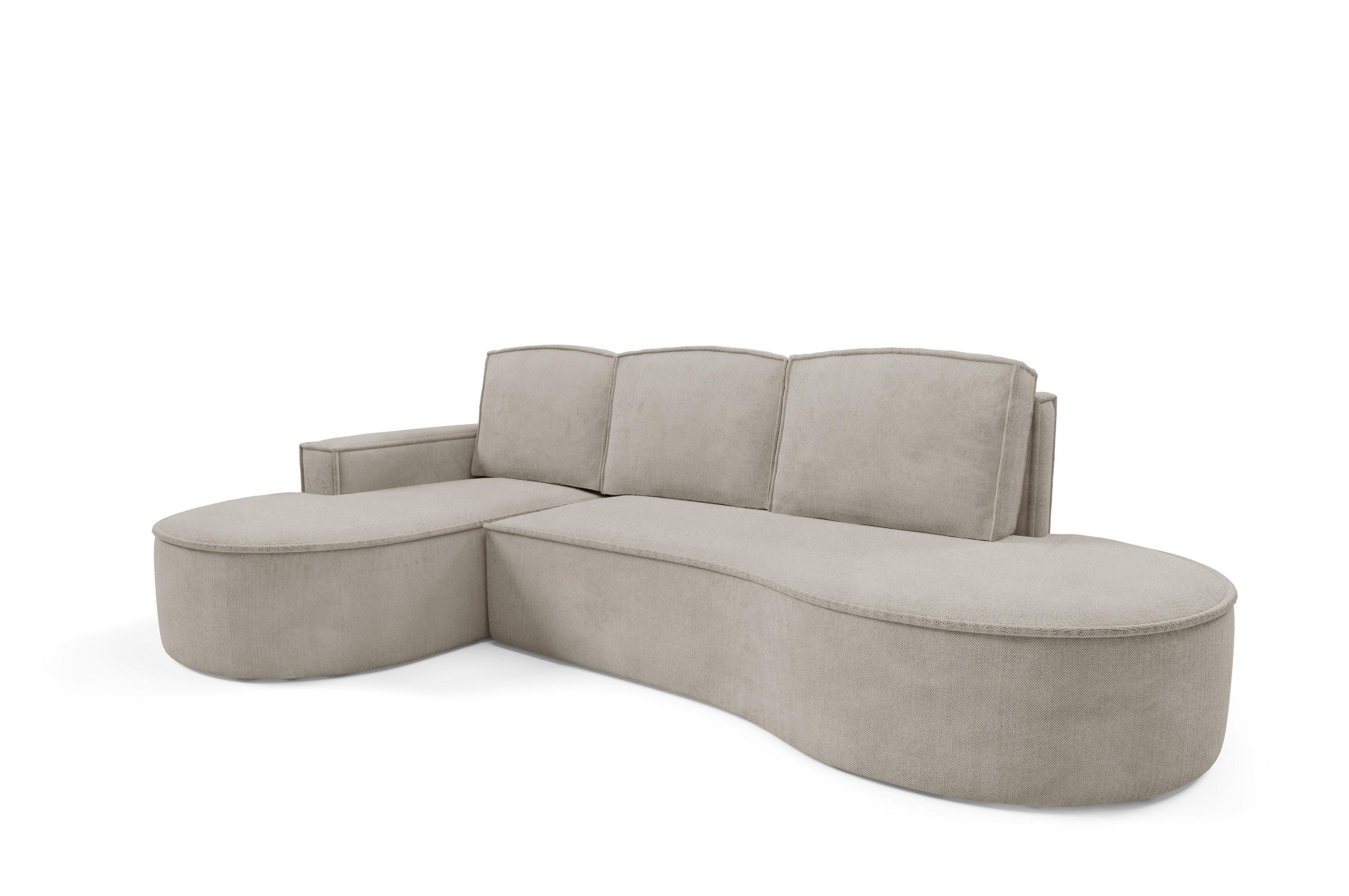 ECKSOFA MOLLY mit Schlaffunktion – Halbrund, freistehend, Liegefläche 140x207 cm, 3 Kissen, Abriamo-Stoff, 277x157x88 cm, Links Esche - Silberfarben, Holz/Textil (157/277cm) - DomoHome