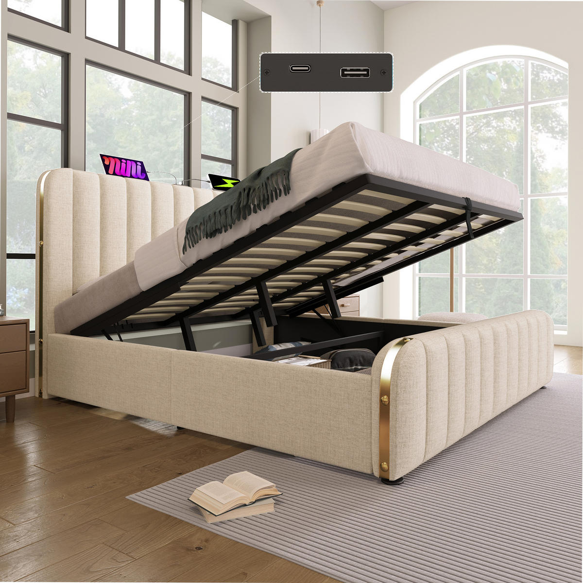 POLSTERBETT 180/200 cm Beige mit USB Typ-C Ladefunktion - Beige, Textil (180/200cm) - Oxeza