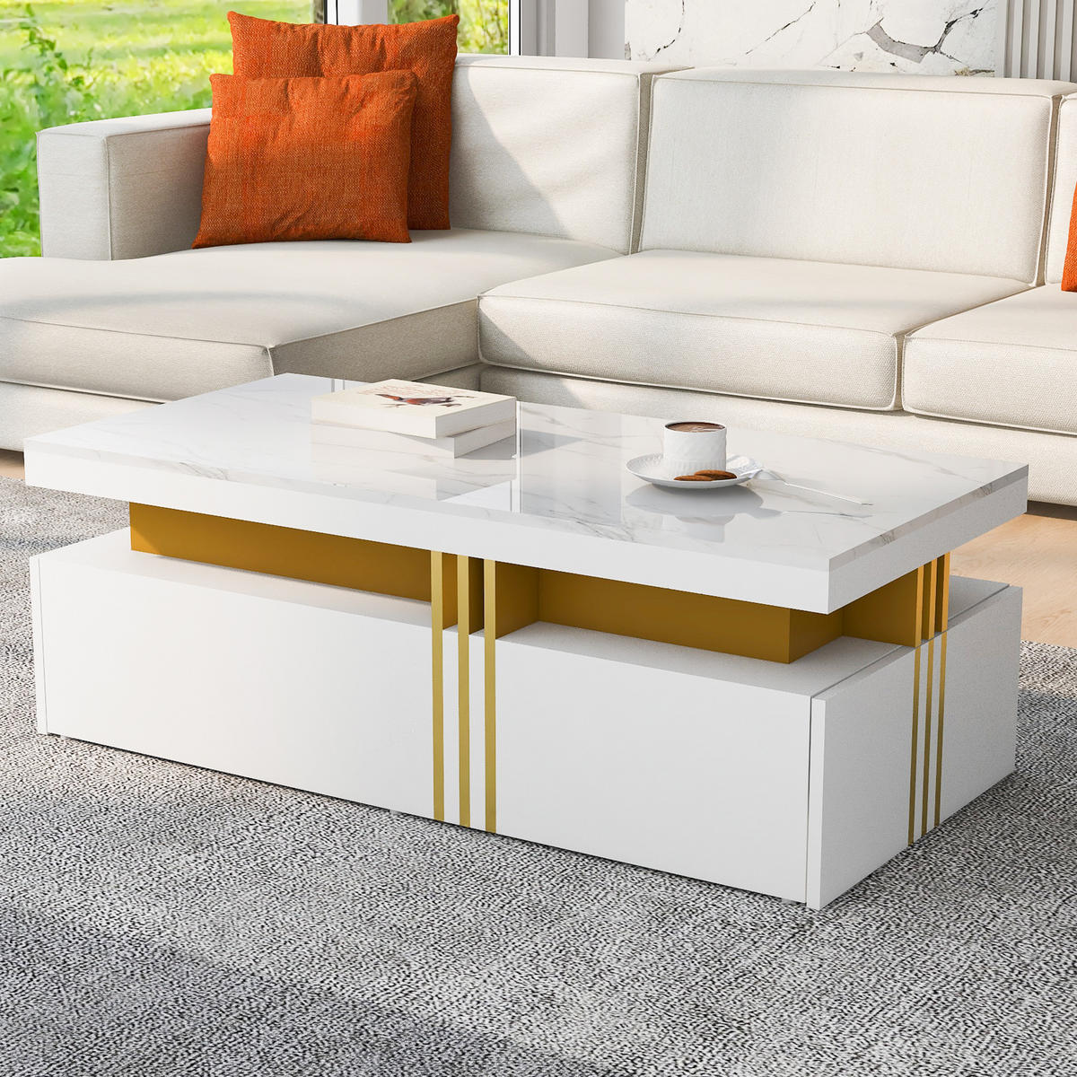 COUCHTISCH in Weiß mit Hochglanzplatte und Schubladen für Wohnzimmer, B100/T50/H40 cm - Weiß, Holzwerkstoff (50/100/40cm) - STILVORA
