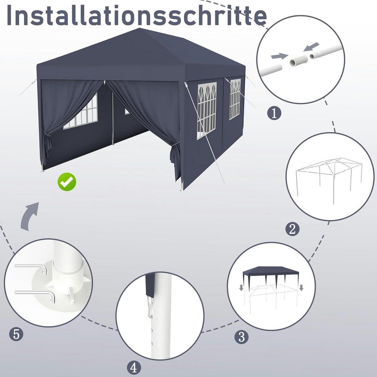 GARTENZELT 3 x 6 m Anthrazit mit Fenstern Textil - Anthrazit, Textil (300/250/600cm)