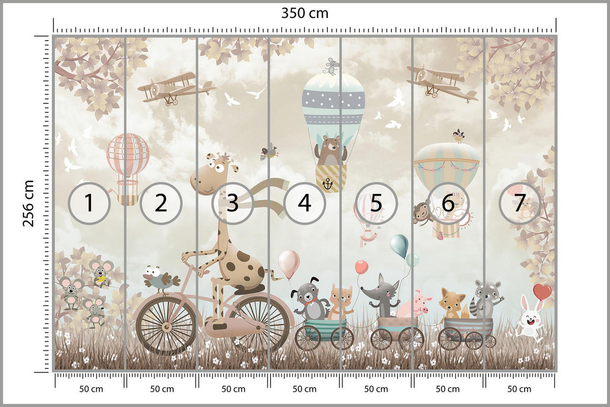 FOTOTAPETE Tiere auf Fahrrädern Luftballons Flugzeuge Pflanzen 350x256 - Blau/Beige, Papier (350/256cm) - Muralo