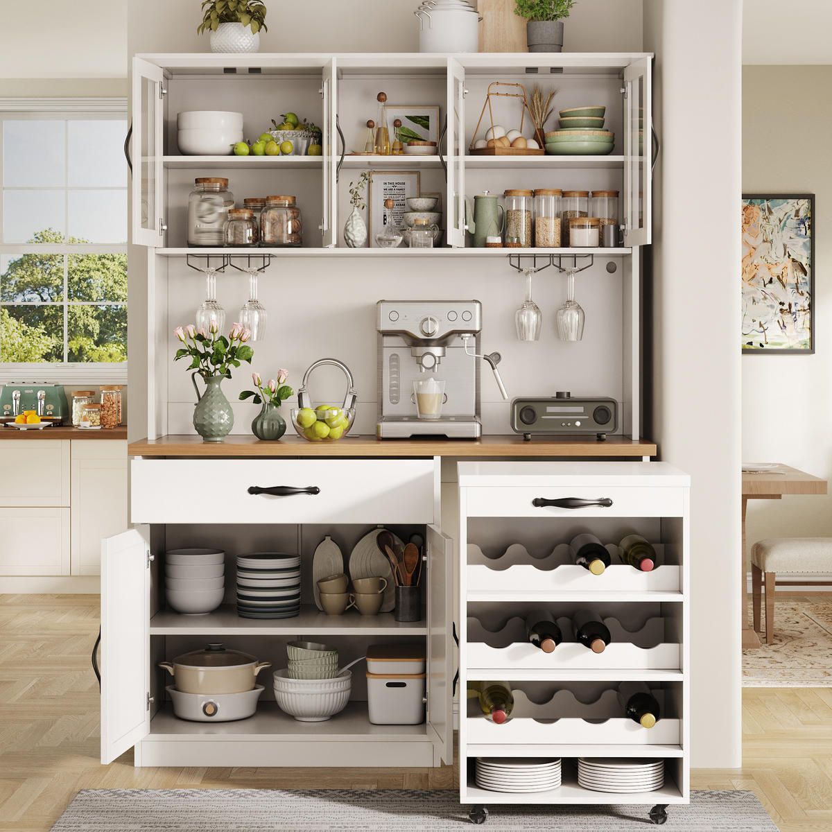 KÜCHENSCHRANK 140Cm LED Rollwagen Weinregal Glas - Weiß, Holzwerkstoff (140/180/38cm) - FLIEKS