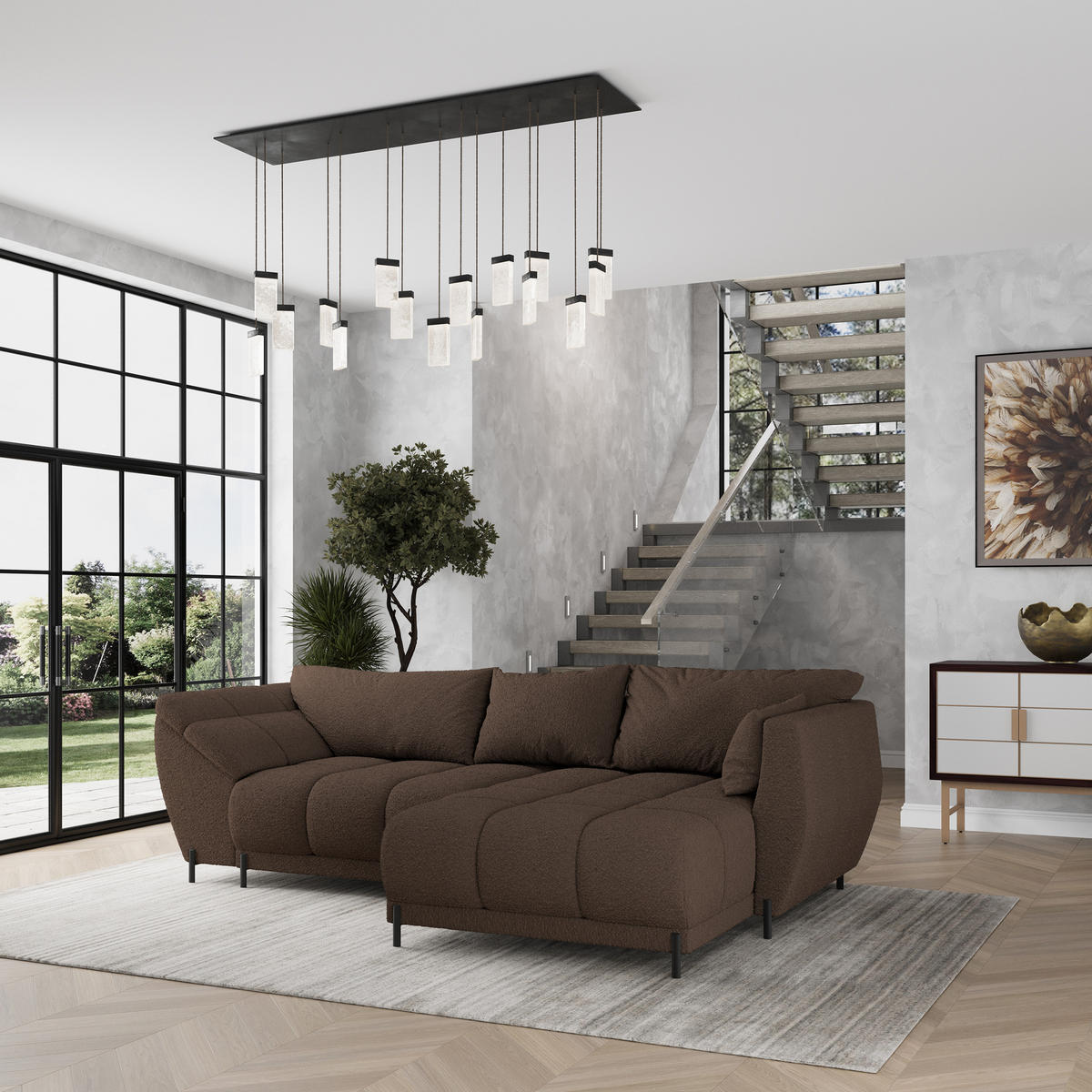 ECKSOFA VESTANO R-S Braun Boucle-Stoff mit Schlaffunktion - Braun, Holz (287/182cm) - MASSENO