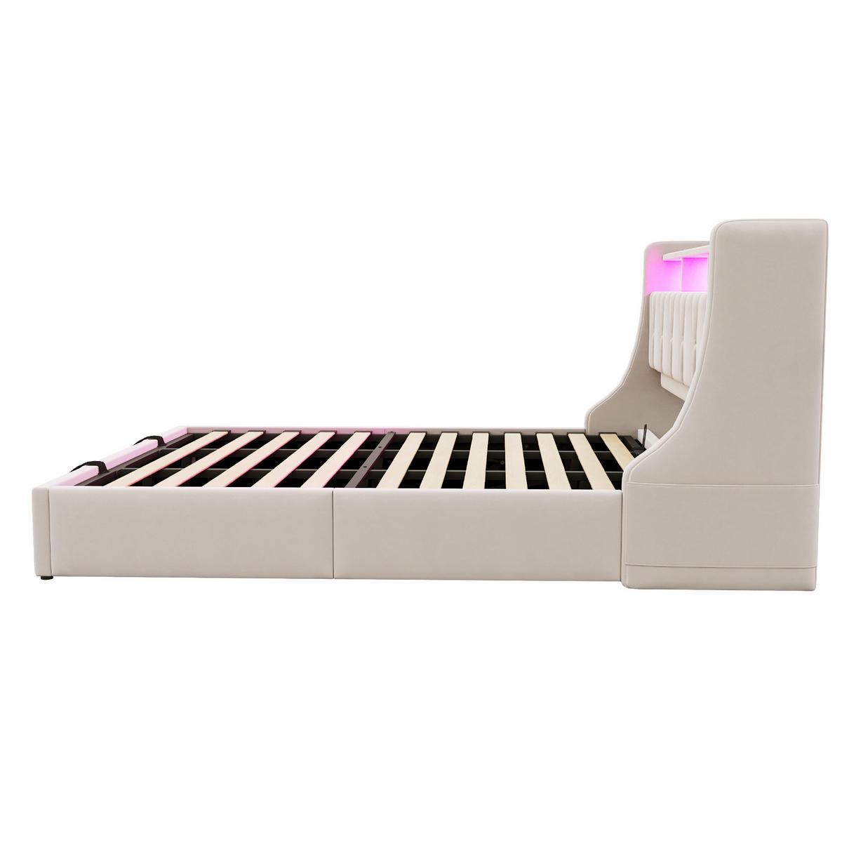 POLSTERBETT 180/200 cm Beige aus Samt mit Stauraum mit LED-Beleuchtung - Beige, Textil (180/200cm) - OKWISH