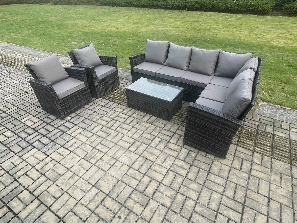 LOUNGEMÖBEL-SETS mit Couchtisch Sofa Polyrattan Dunkelgrau 8-Sitzer - Dunkelgrau/Grau, Glas/Kunststoff - Fimous