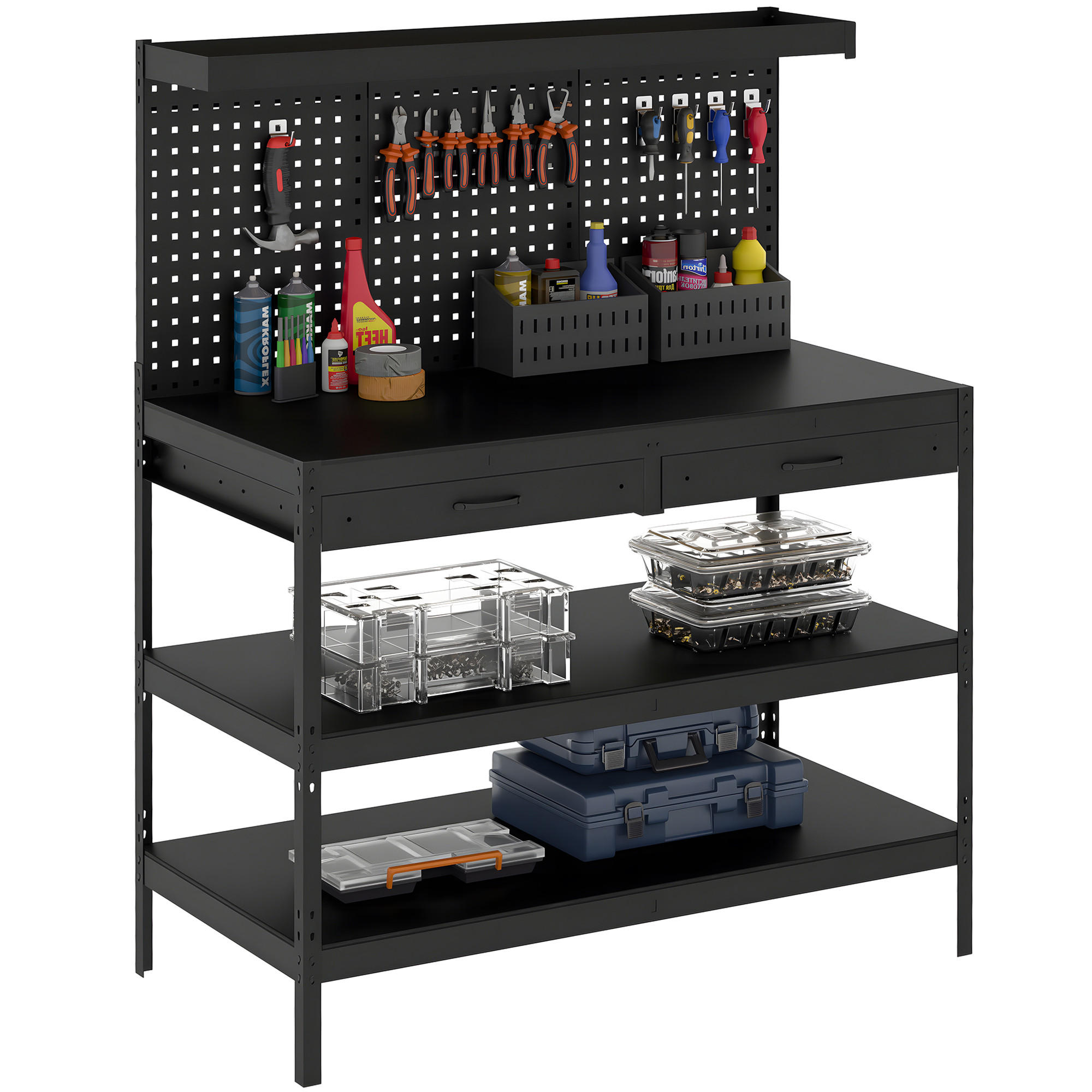 WERKBANK DE-18999 272 kg Traglast, Lochwand, 2 Schubladen Schwarz - Schwarz, Metall (61/156/122cm) - ComfortXL