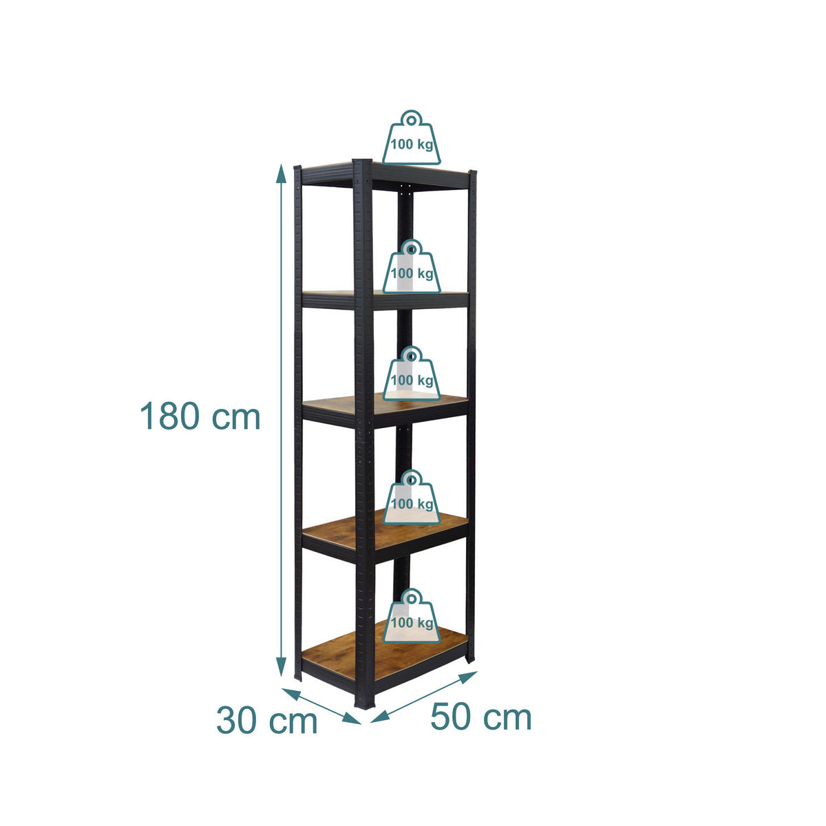 REGAL Crna Smeđa čelik 5-polica - višebojno, drvni materijal/metal (50/180/30cm) - Relaxdays