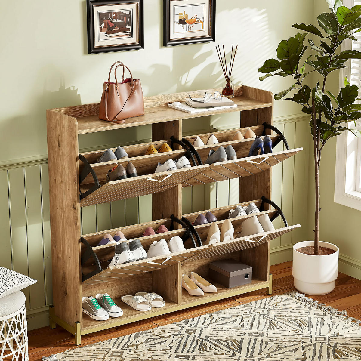 SCHUHREGAL 108 cm Holzoptik mit 4 Klappfächern & Metallfüßen für Flur - Eichefarben, Holzwerkstoff (108.5/100/24cm) - Urban Meuble