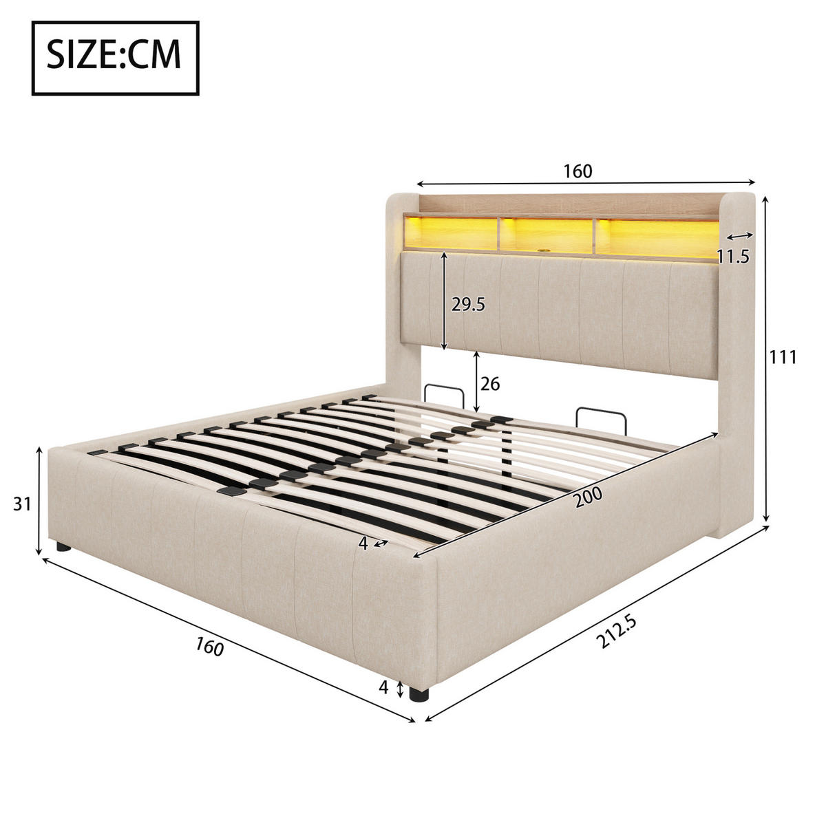 POLSTERBETT 160/200 cm mit Bettkasten, LED-Beleuchtung und gepolstertem Kopfteil - Beige, Textil (160/200cm) - BEAOK
