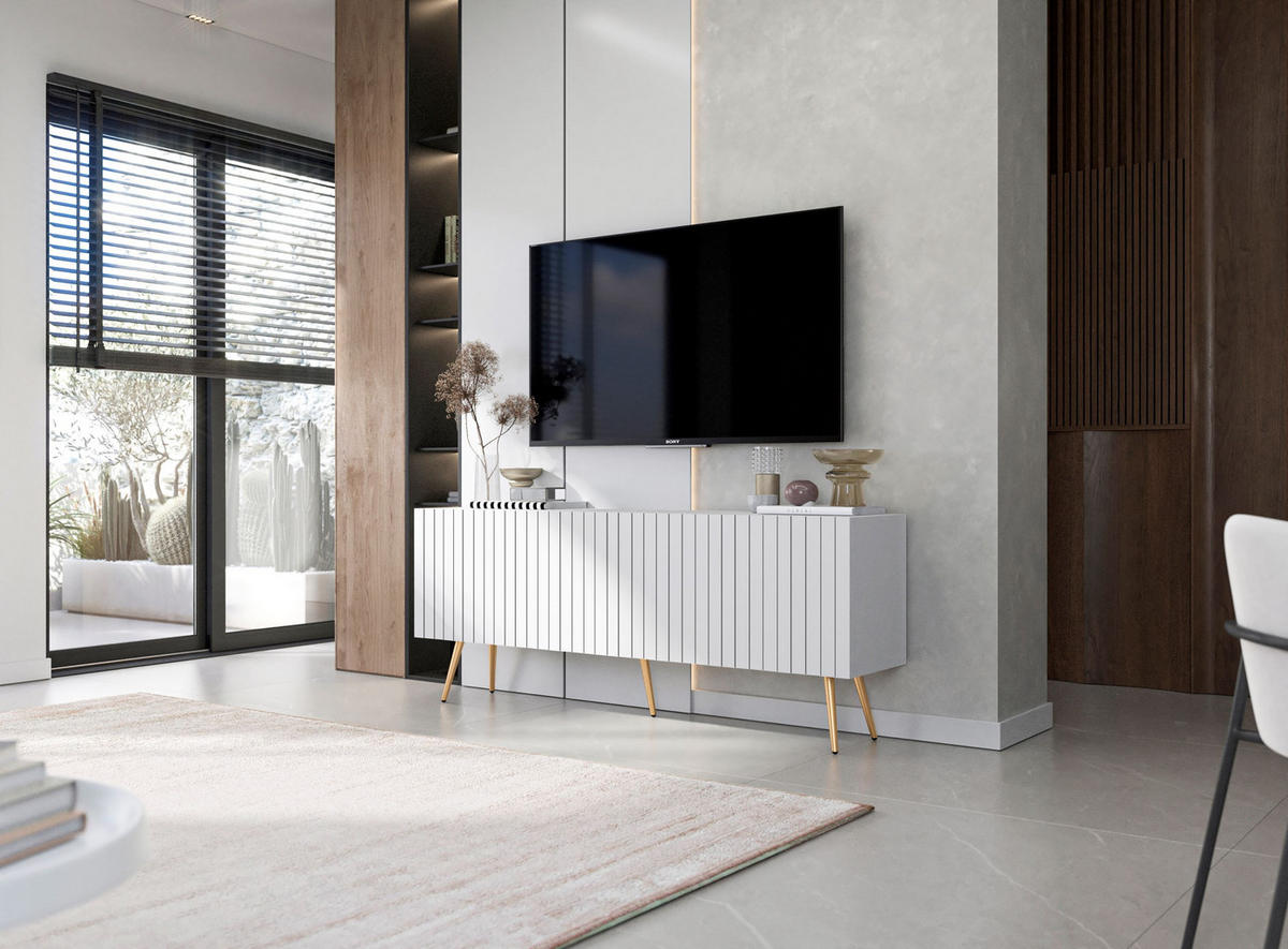 TV-SCHRANK Elpis Weiß Matt mit goldenen Metallbeine Glamour 150 cm - Goldfarben/Weiß, Holzwerkstoff/Metall (150/60.5/36.5cm) - Meble Lindner