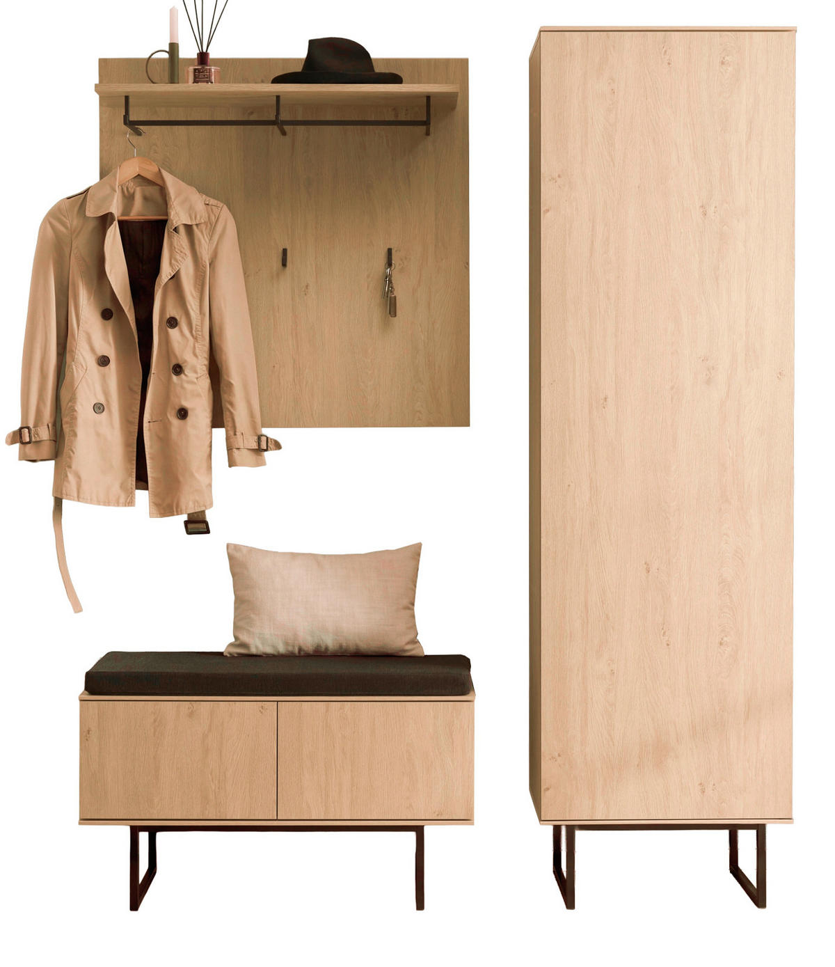 GARDEROBE-SET Stone Eiche 4-teilig 158 cm, Set mit viel Stauraum - Eichefarben/Schwarz, Holzwerkstoff/Metall (158/200/40cm) - Furn.Design